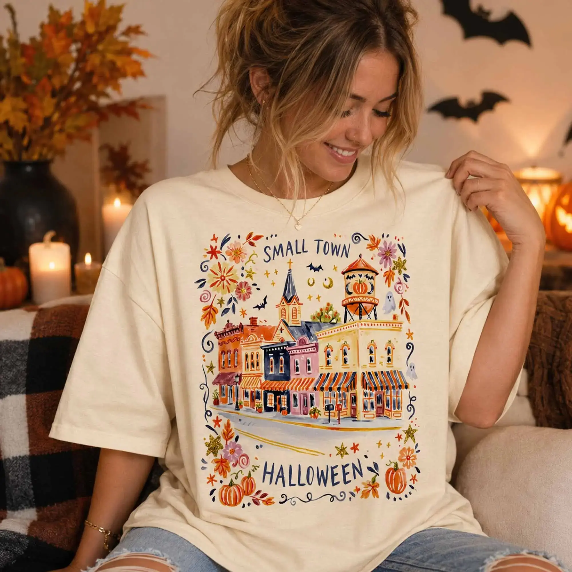 Comfort Colors Small Town Halloween Tee, Country Spooky Village Fall Season Graphic Shirt - photo 3