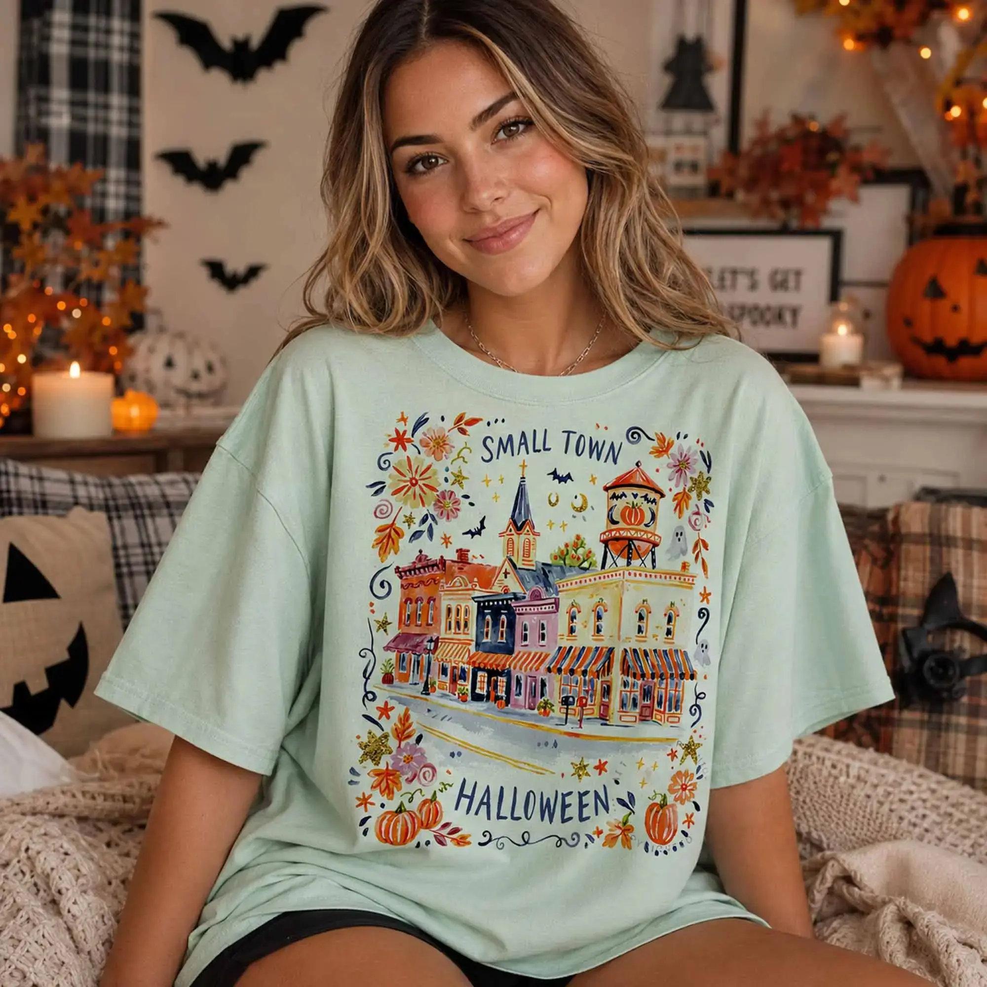 Comfort Colors Small Town Halloween Tee, Country Spooky Village Fall Season Graphic Shirt - photo 4