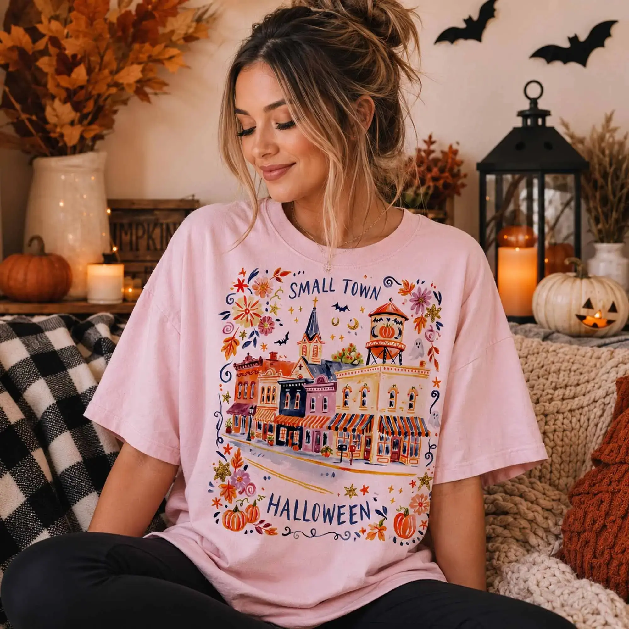 Comfort Colors Small Town Halloween Tee, Country Spooky Village Fall Season Graphic Shirt - photo 5