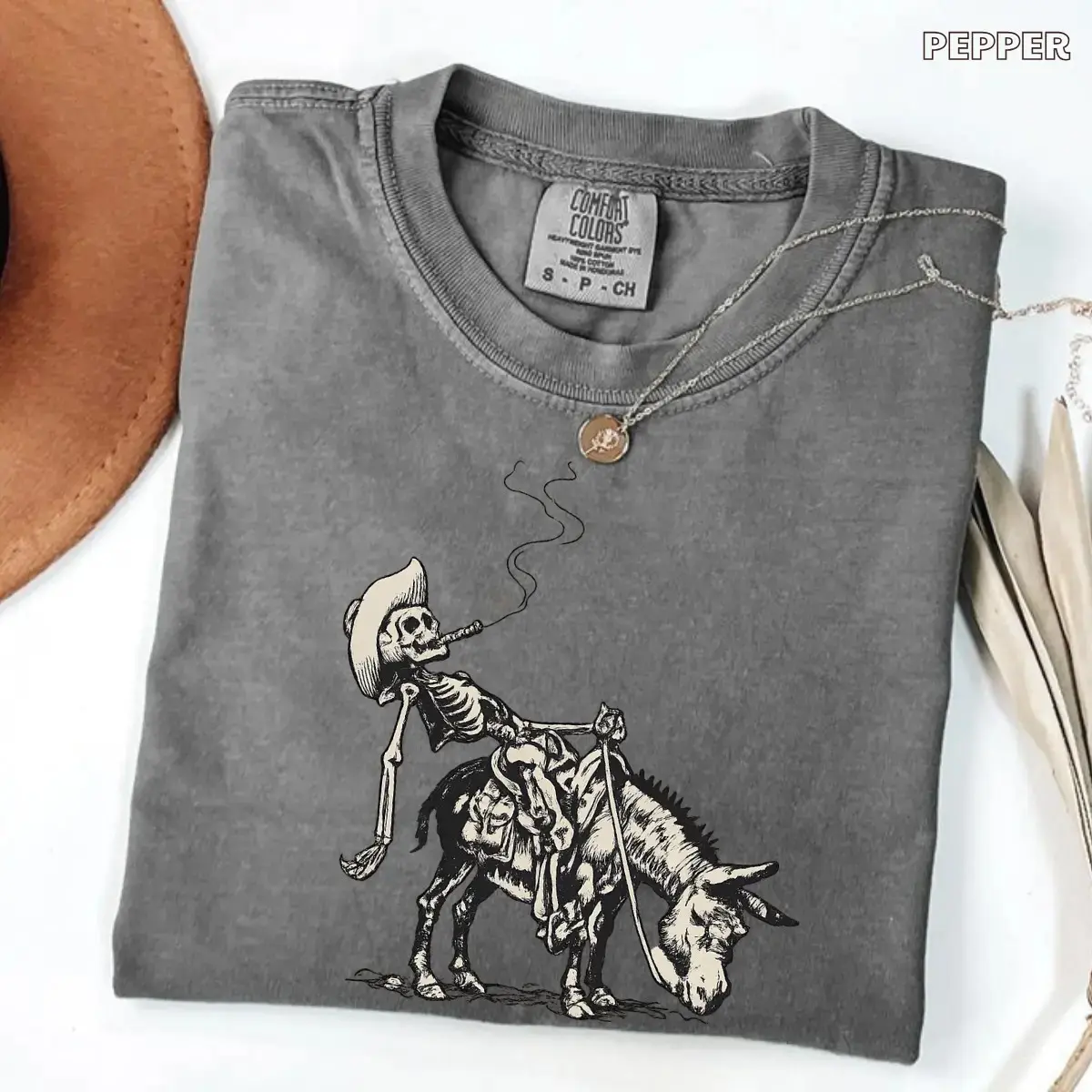 Smoking Skeleton Cowboy on Donkey T-Shirt, Comfort Colors Western Retro Gothic Desert Outlaw Halloween Tee