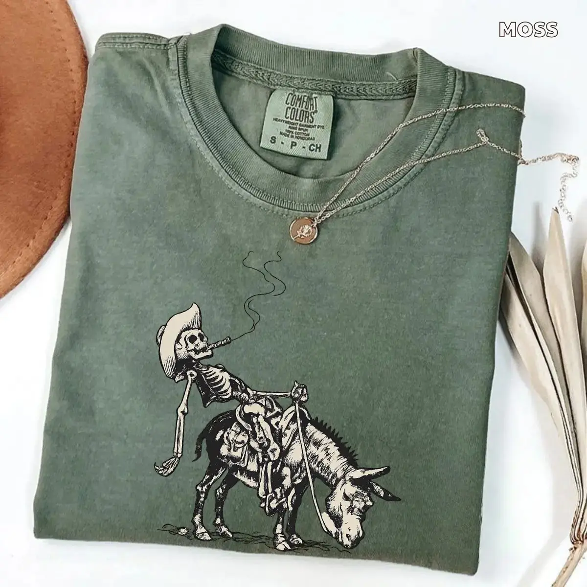 Smoking Skeleton Cowboy on Donkey T-Shirt, Comfort Colors Western Retro Gothic Desert Outlaw Halloween Tee - photo 4