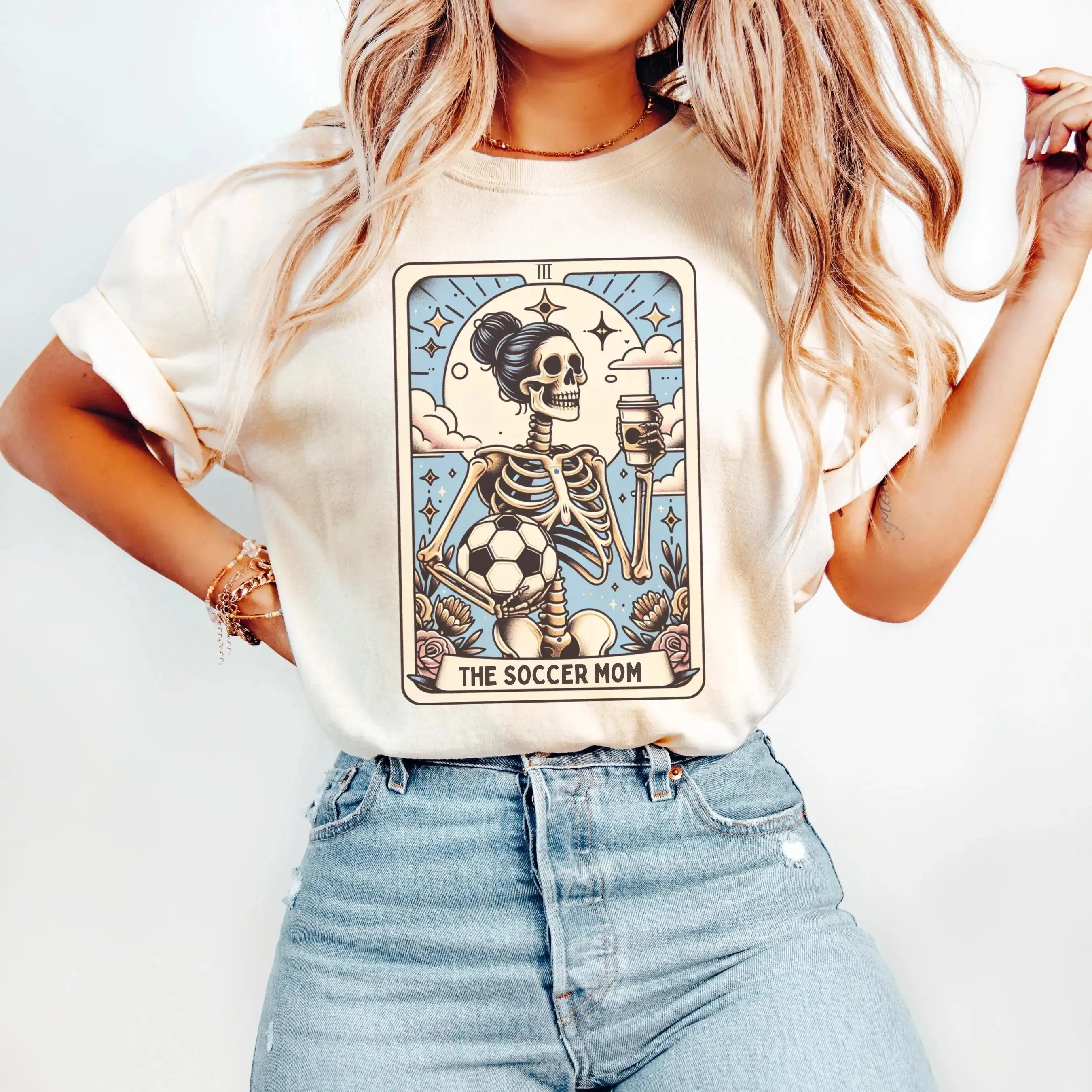 Soccer Mom Tarot Card T-Shirt, Halloween Mama Tee, Funny Mystical Sports Graphic Top, Game Day Costume for Women