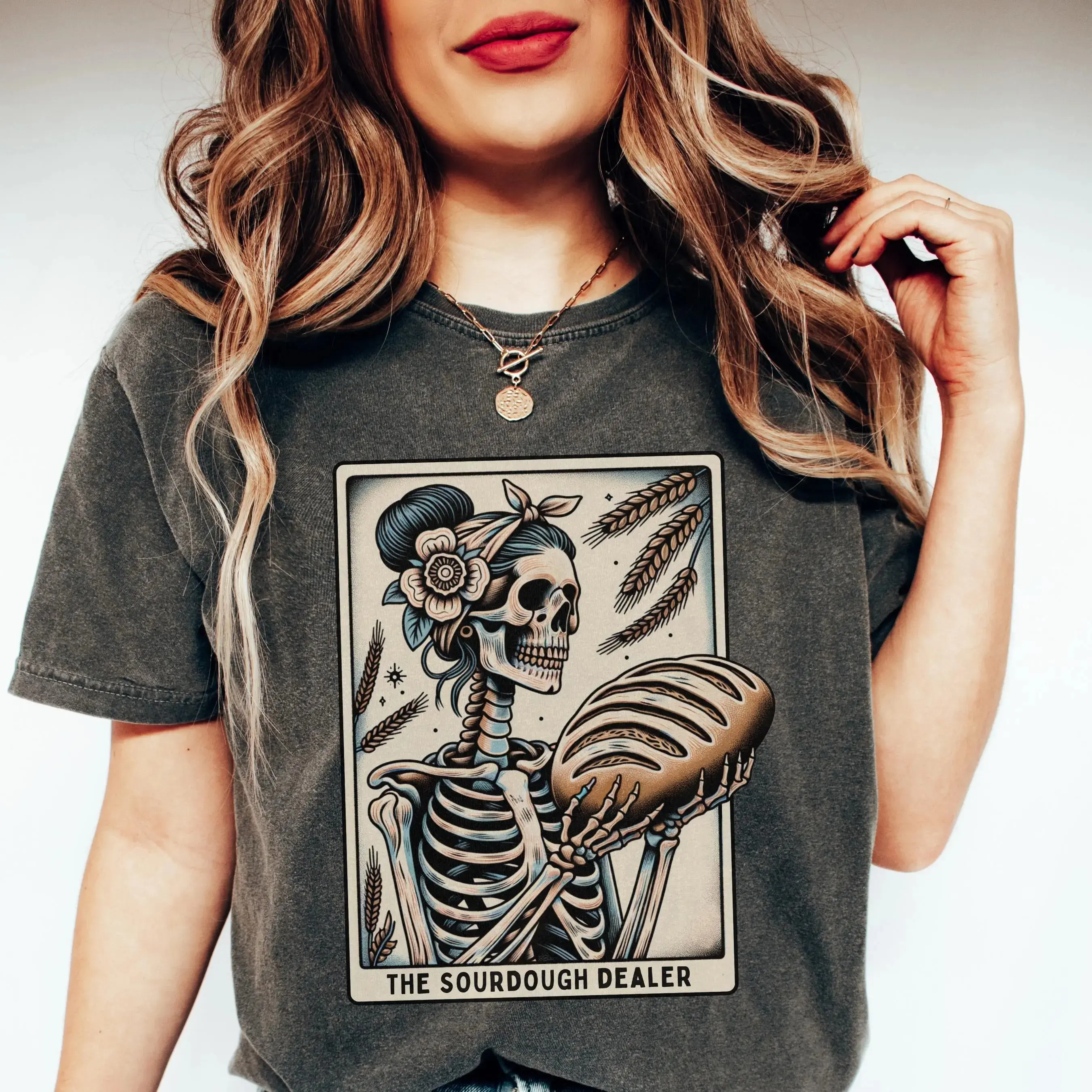 Sourdough Bread Shirt, Womens Tarot Card Baker Tee, Funny Halloween Cottagecore Baking Gift Graphic Top - photo 2