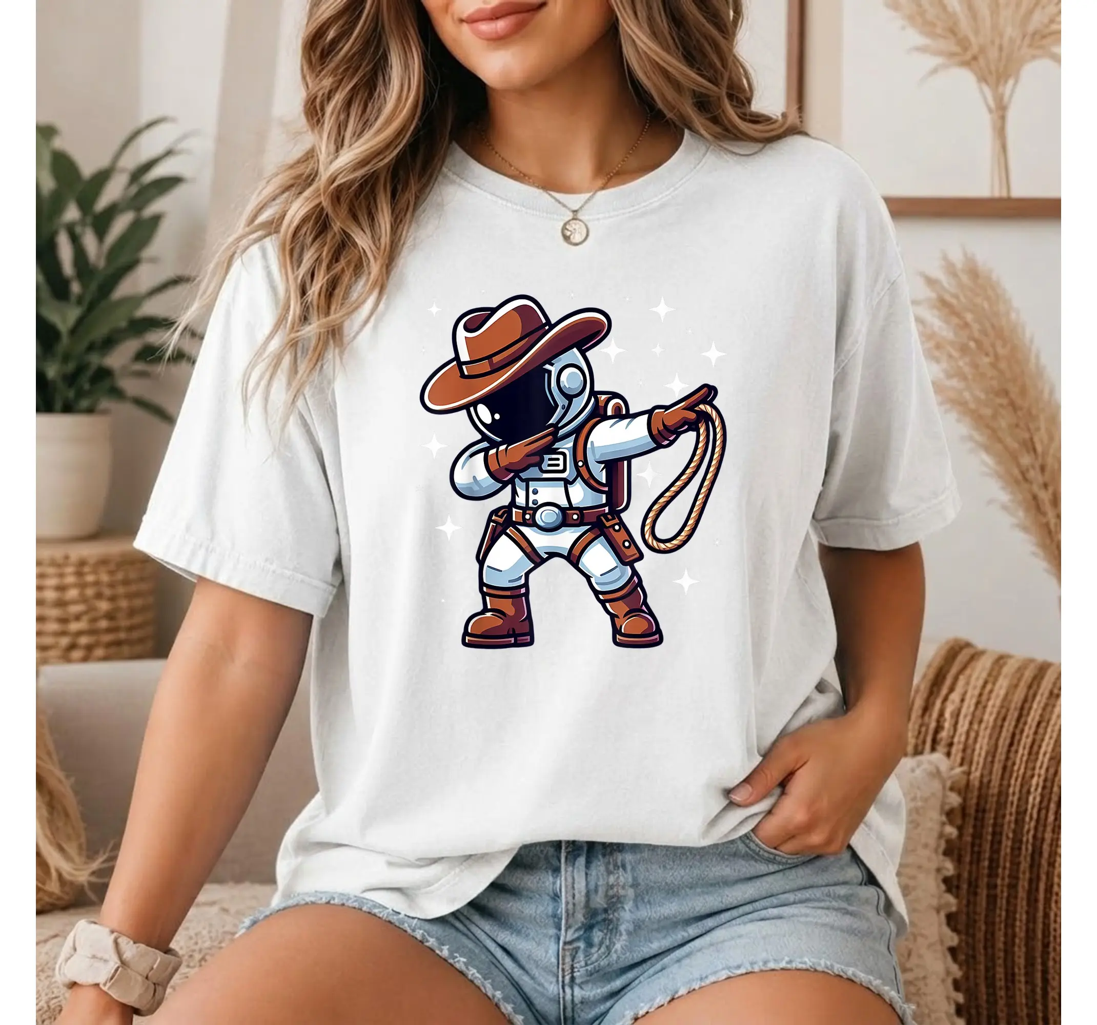 Space Cowboy Dabbing Astronaut Graphic Tee, Funny Spaceman Halloween Costume Shirt for Boys and Men