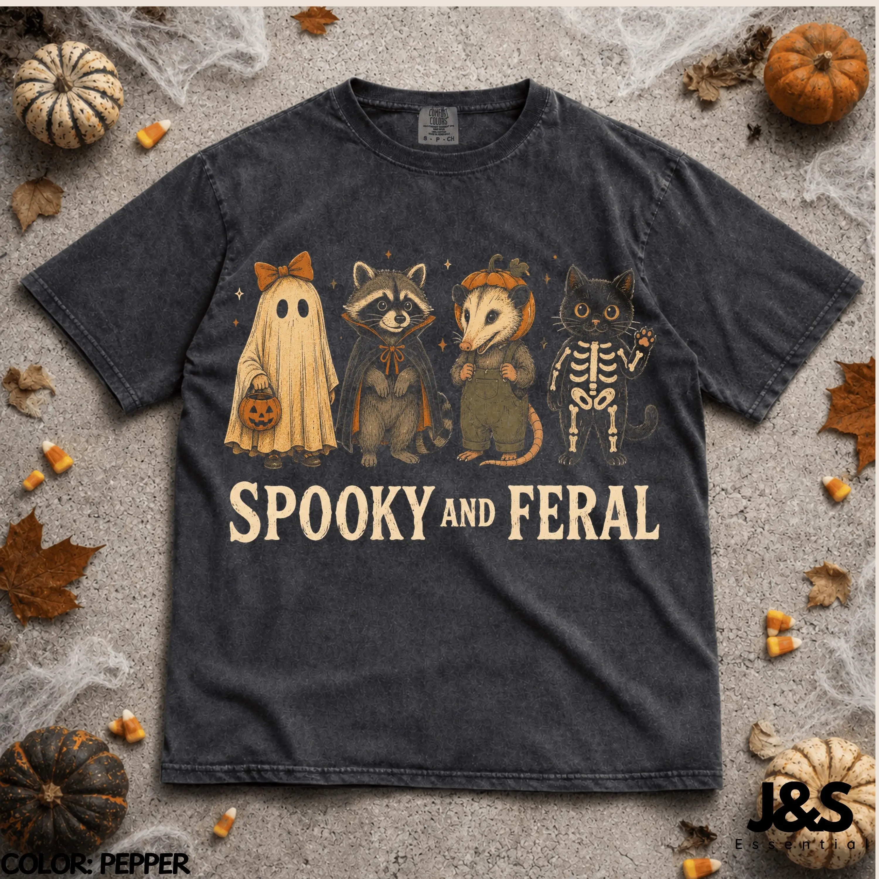 Spooky And Feral Halloween Shirt, Cute Ghost Raccoon Possum Black Cat Tee, Vintage Fall Animal Graphic Gift