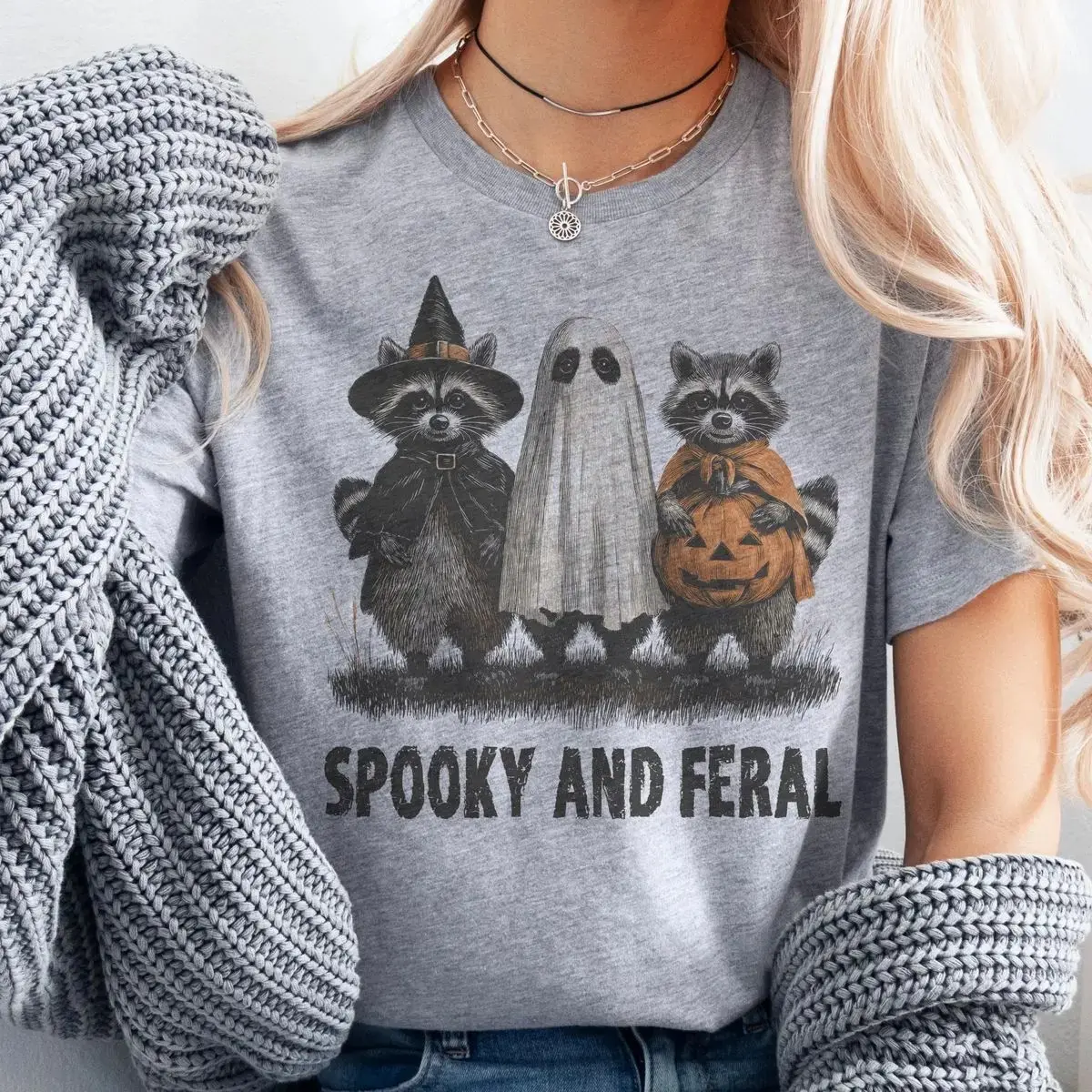 Comfort Colors Spooky and Feral Halloween Shirt, Cute Raccoon Witch Ghost Funny Unisex Pullover Tee