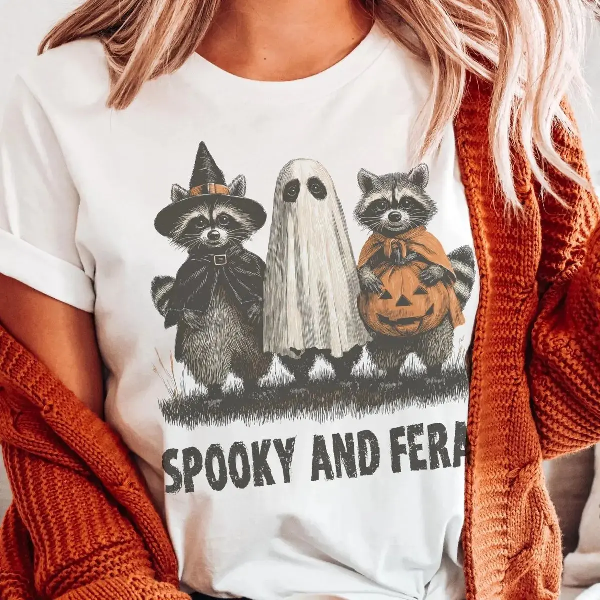 Comfort Colors Spooky and Feral Halloween Shirt, Cute Raccoon Witch Ghost Funny Unisex Pullover Tee - photo 2