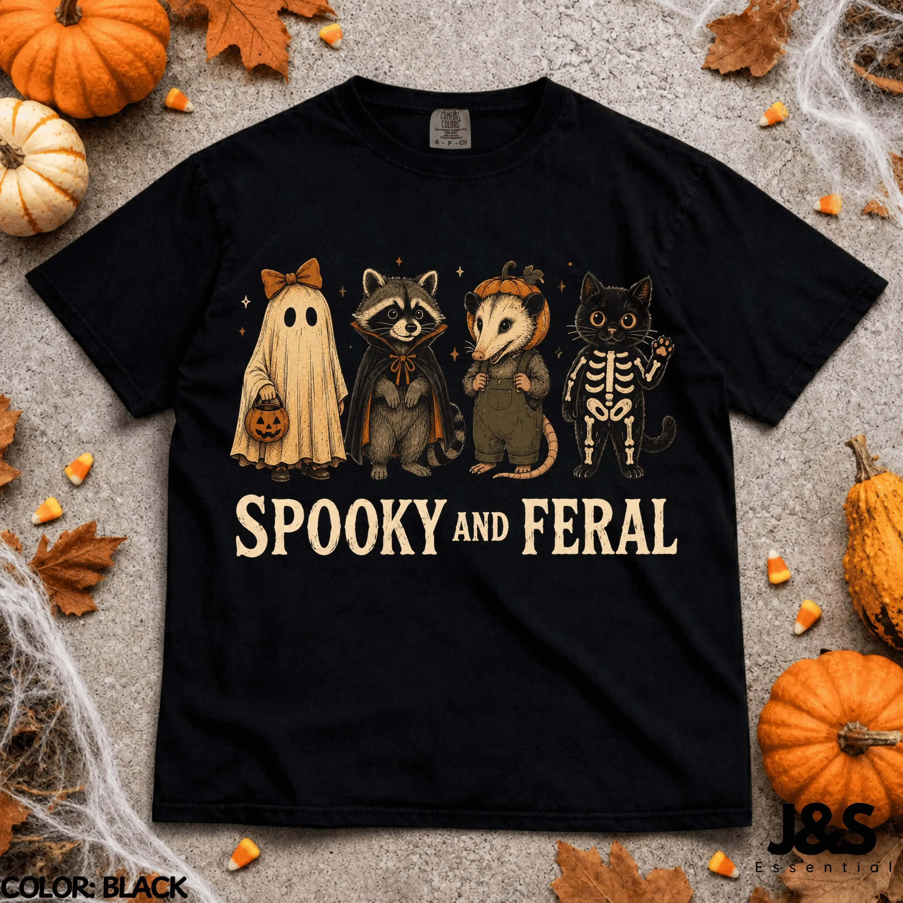 Spooky And Feral Halloween Shirt, Cute Ghost Raccoon Possum Black Cat Tee, Vintage Fall Animal Graphic Gift - photo 2