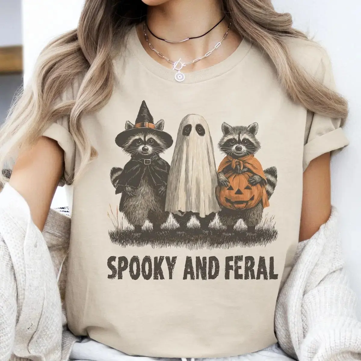 Comfort Colors Spooky and Feral Halloween Shirt, Cute Raccoon Witch Ghost Funny Unisex Pullover Tee - photo 3