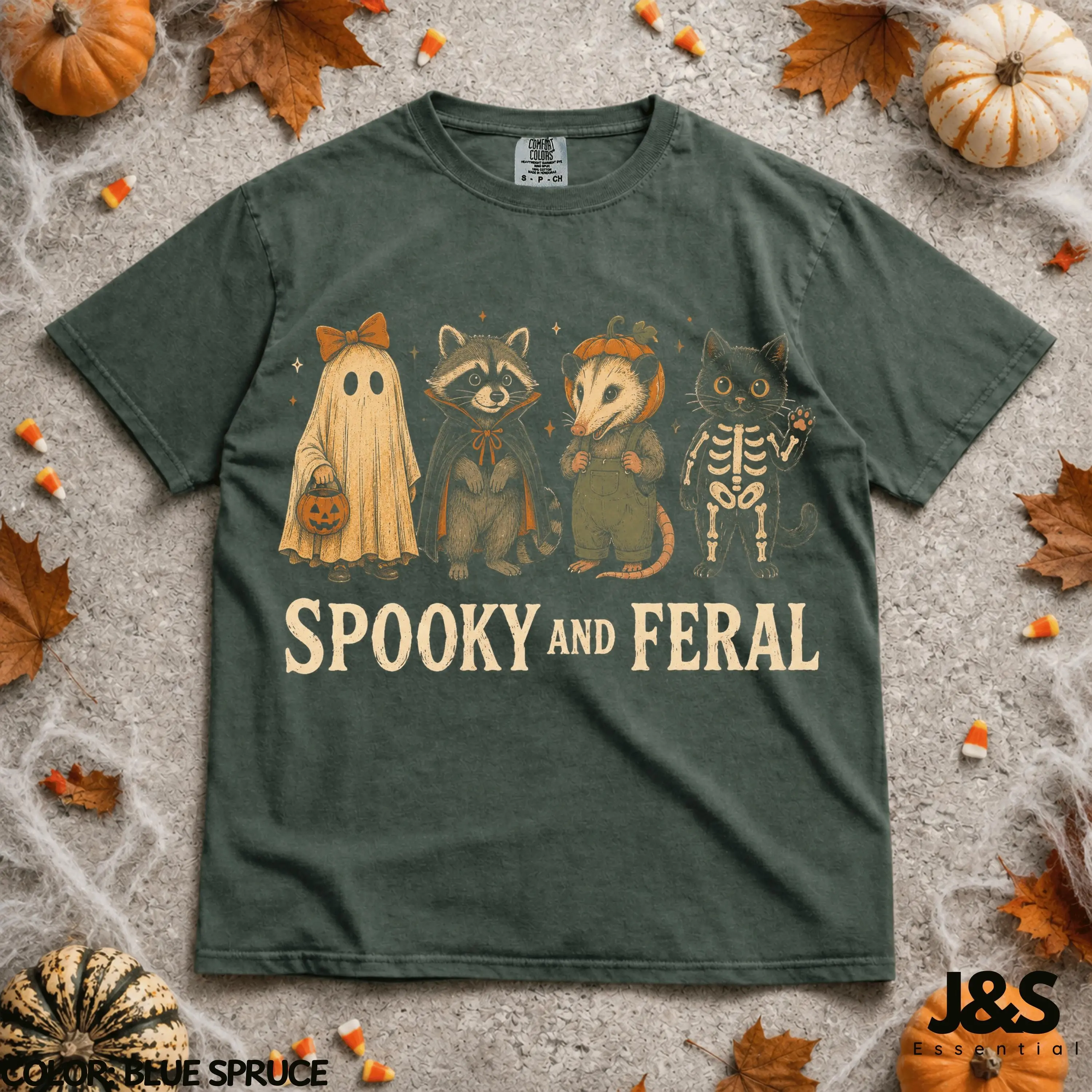 Spooky And Feral Halloween Shirt, Cute Ghost Raccoon Possum Black Cat Tee, Vintage Fall Animal Graphic Gift - photo 3