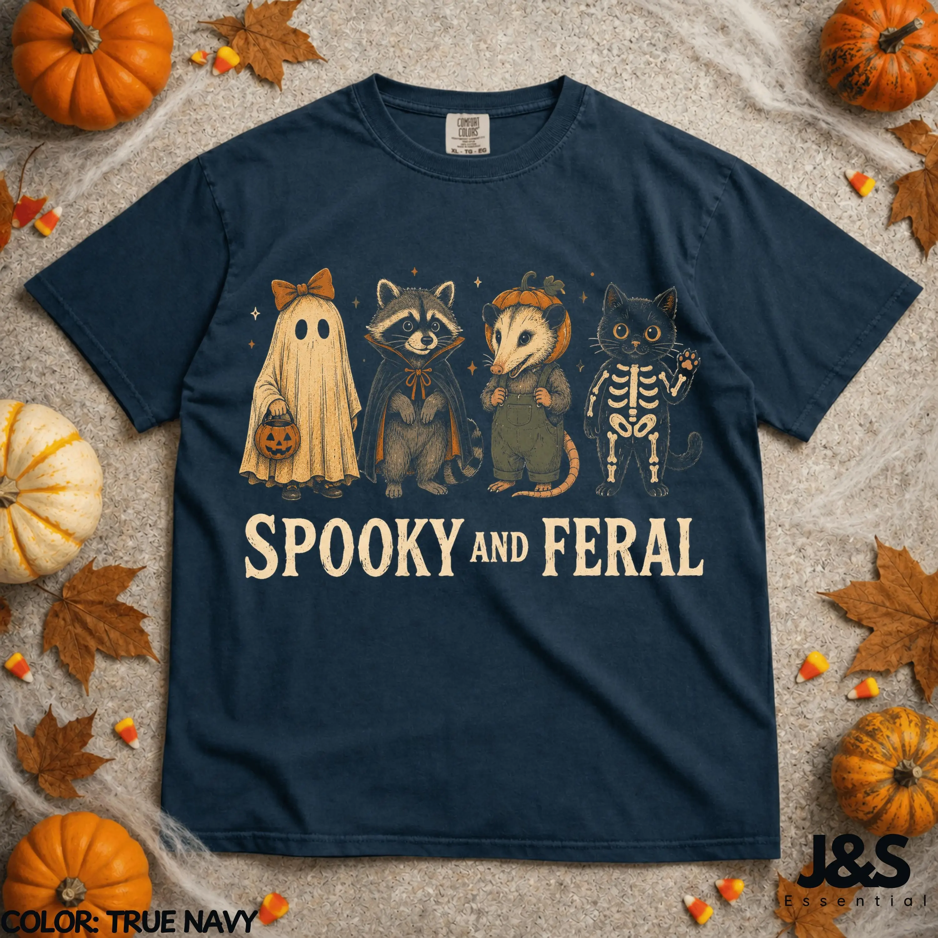 Spooky And Feral Halloween Shirt, Cute Ghost Raccoon Possum Black Cat Tee, Vintage Fall Animal Graphic Gift - photo 4
