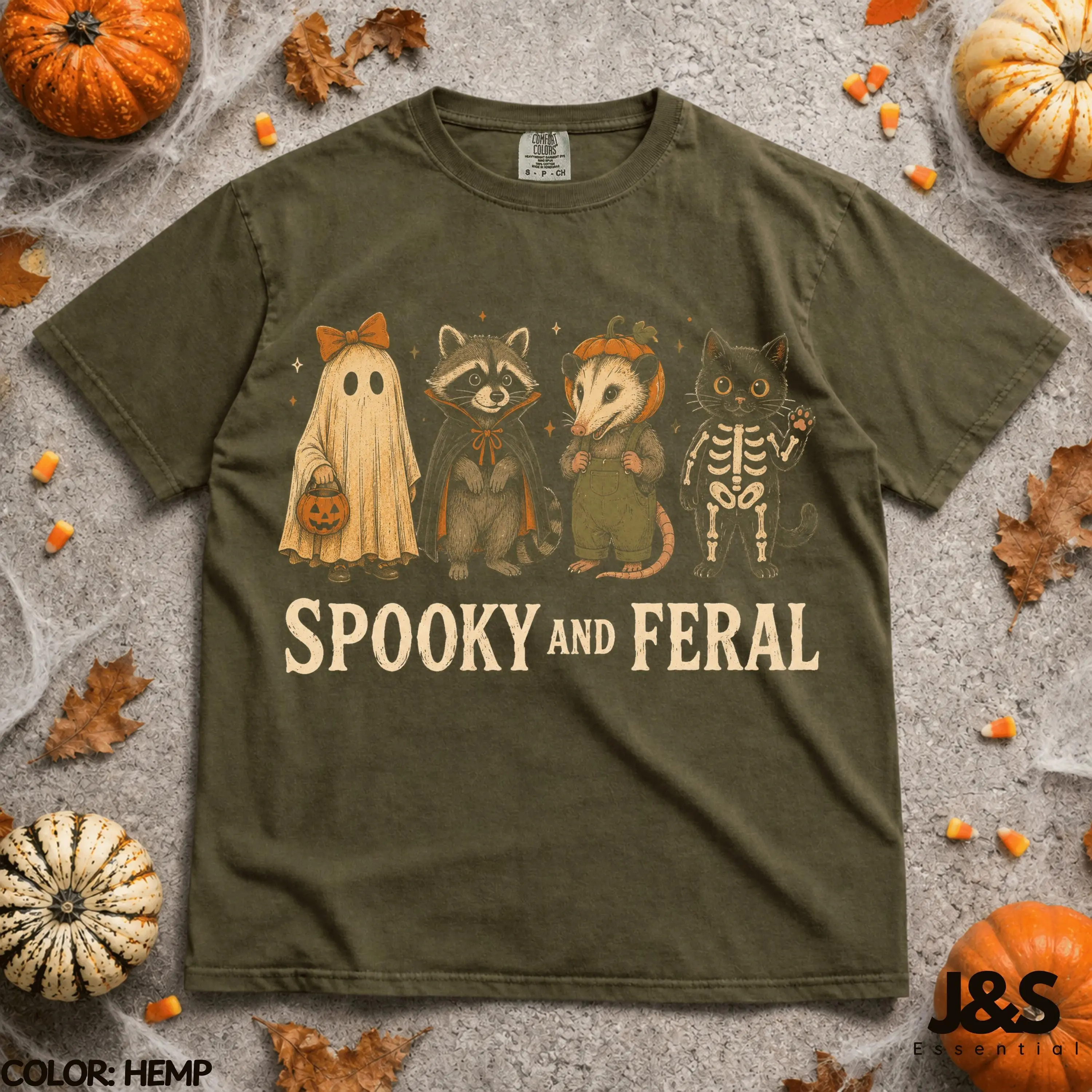 Spooky And Feral Halloween Shirt, Cute Ghost Raccoon Possum Black Cat Tee, Vintage Fall Animal Graphic Gift - photo 5