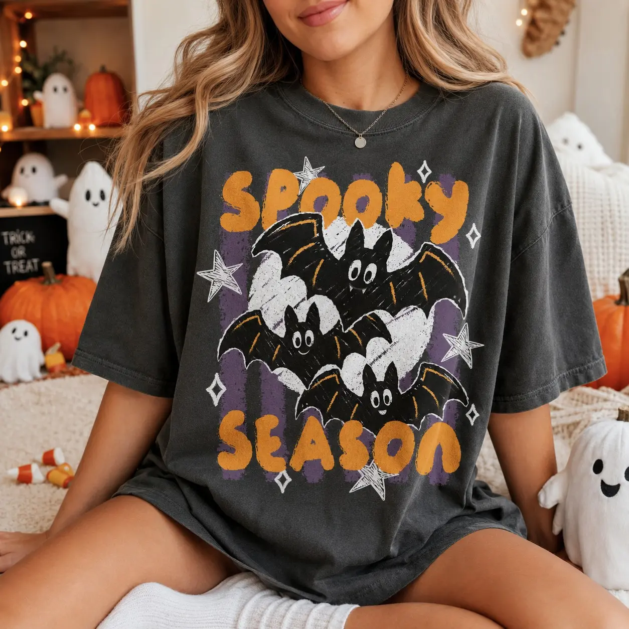 Striped Preppy Bats Comfort Colors Tee, Trendy Halloween Shirt, Spooky Season Fall Graphic Top