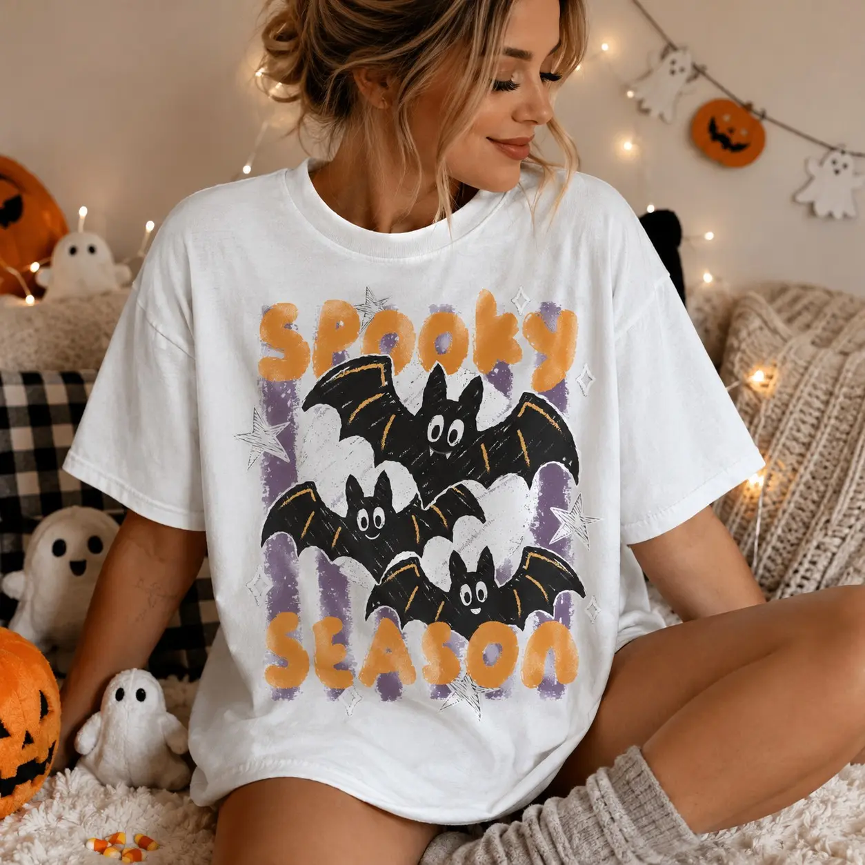 Striped Preppy Bats Comfort Colors Tee, Trendy Halloween Shirt, Spooky Season Fall Graphic Top - photo 2