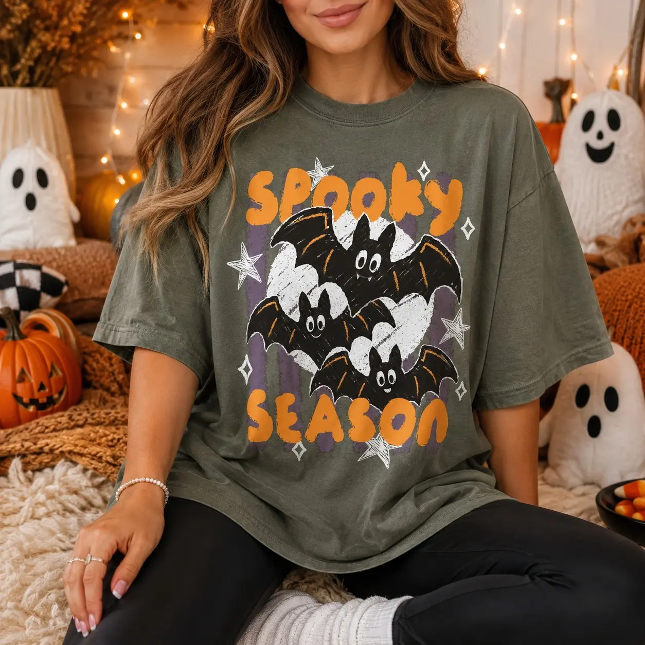 Striped Preppy Bats Comfort Colors Tee, Trendy Halloween Shirt, Spooky Season Fall Graphic Top - photo 3