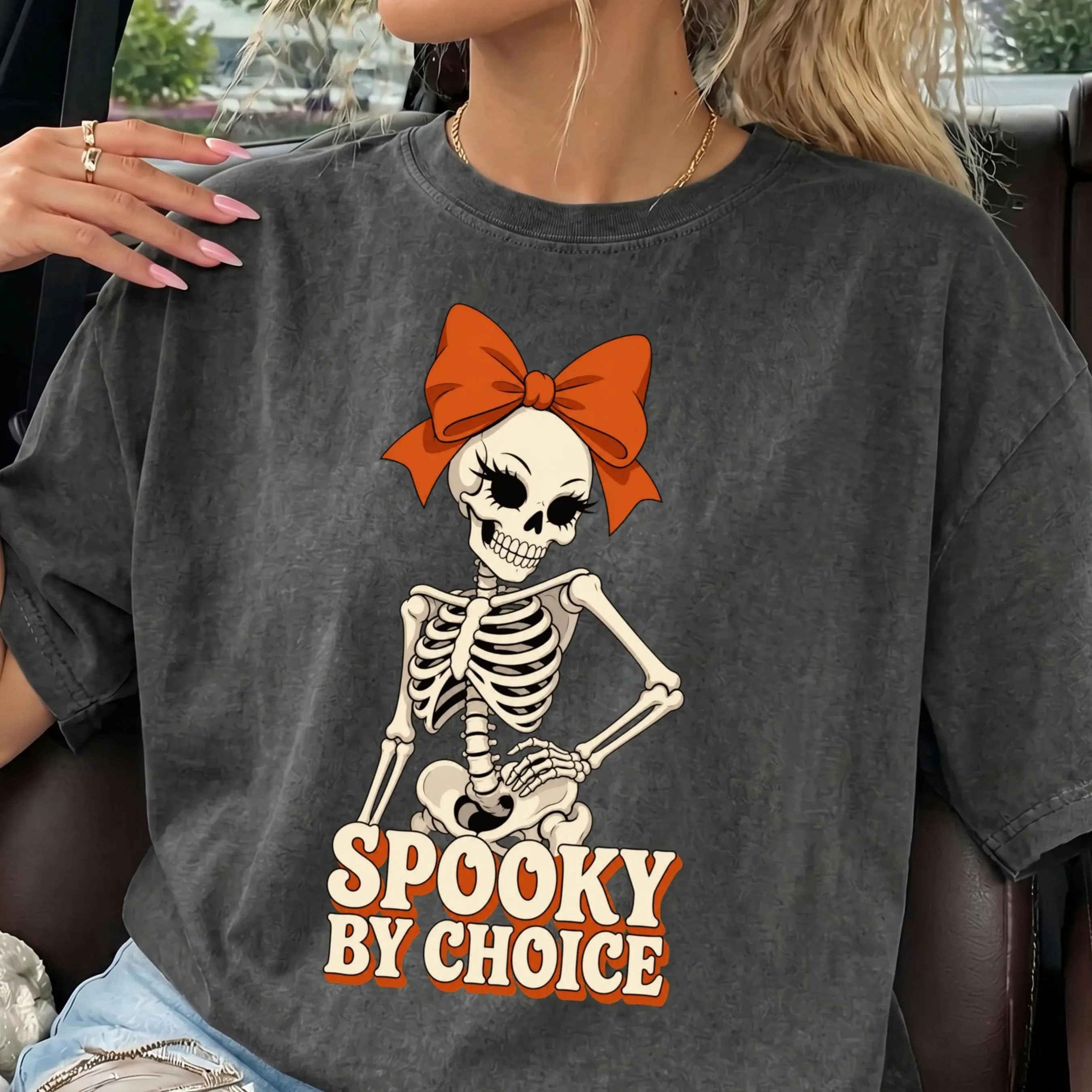 Spooky By Choice Skeleton Shirt, Comfort Colors Vampire Bow Halloween Retro Season Tee - photo 1