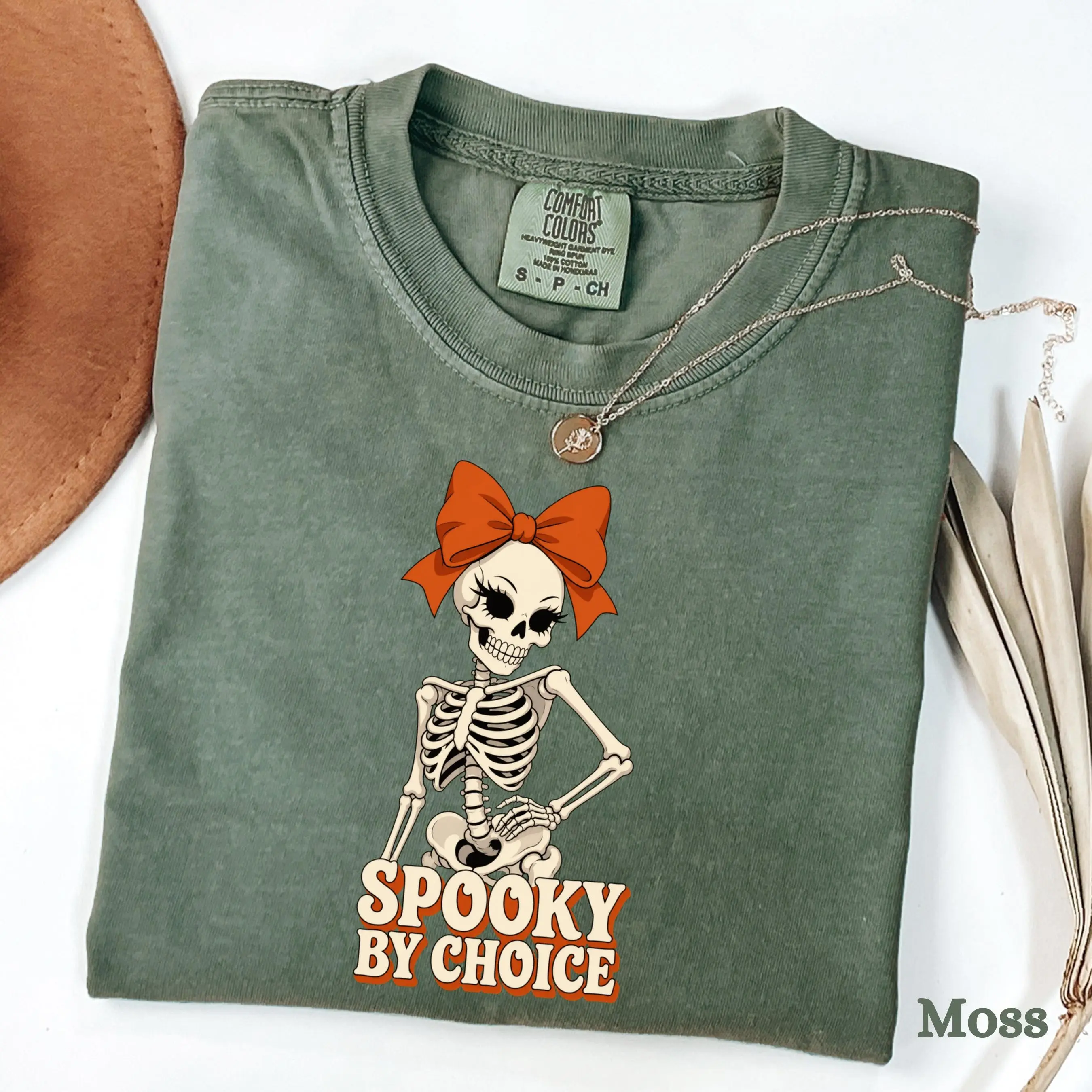 Spooky By Choice Skeleton Shirt, Comfort Colors Vampire Bow Halloween Retro Season Tee - photo 2