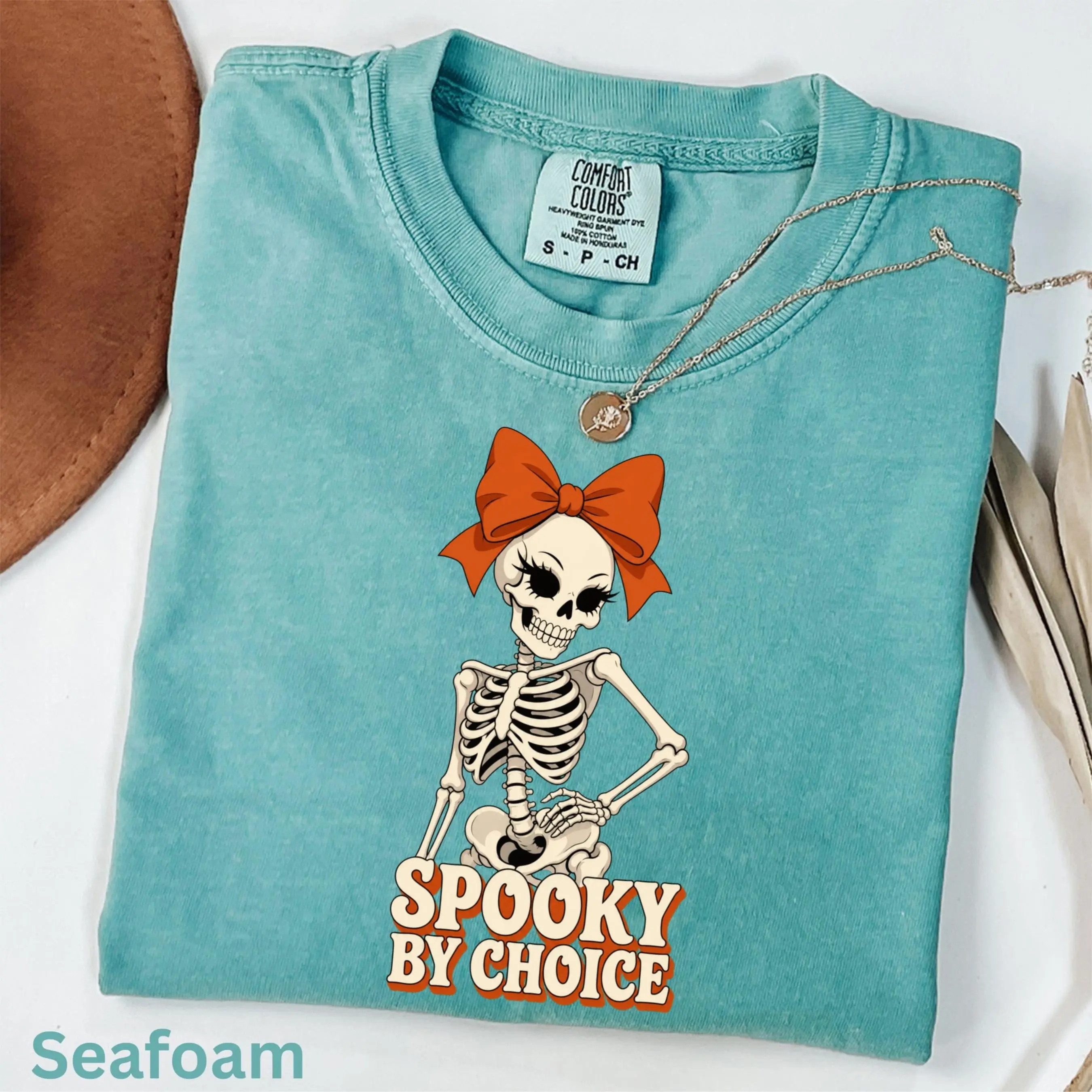 Spooky By Choice Skeleton Shirt, Comfort Colors Vampire Bow Halloween Retro Season Tee - photo 3