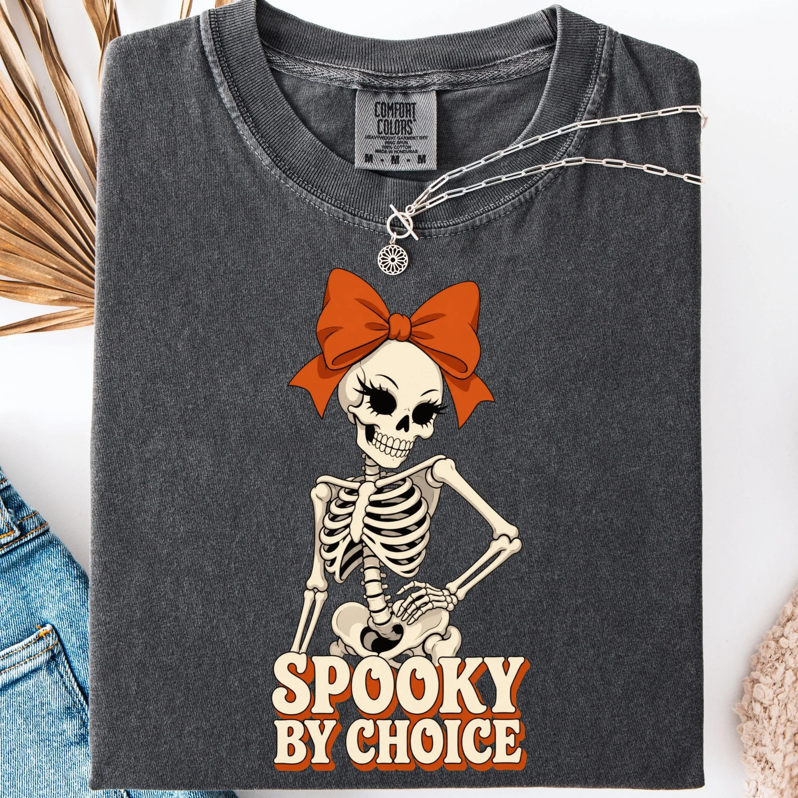 Spooky By Choice Skeleton Shirt, Comfort Colors Vampire Bow Halloween Retro Season Tee - photo 4