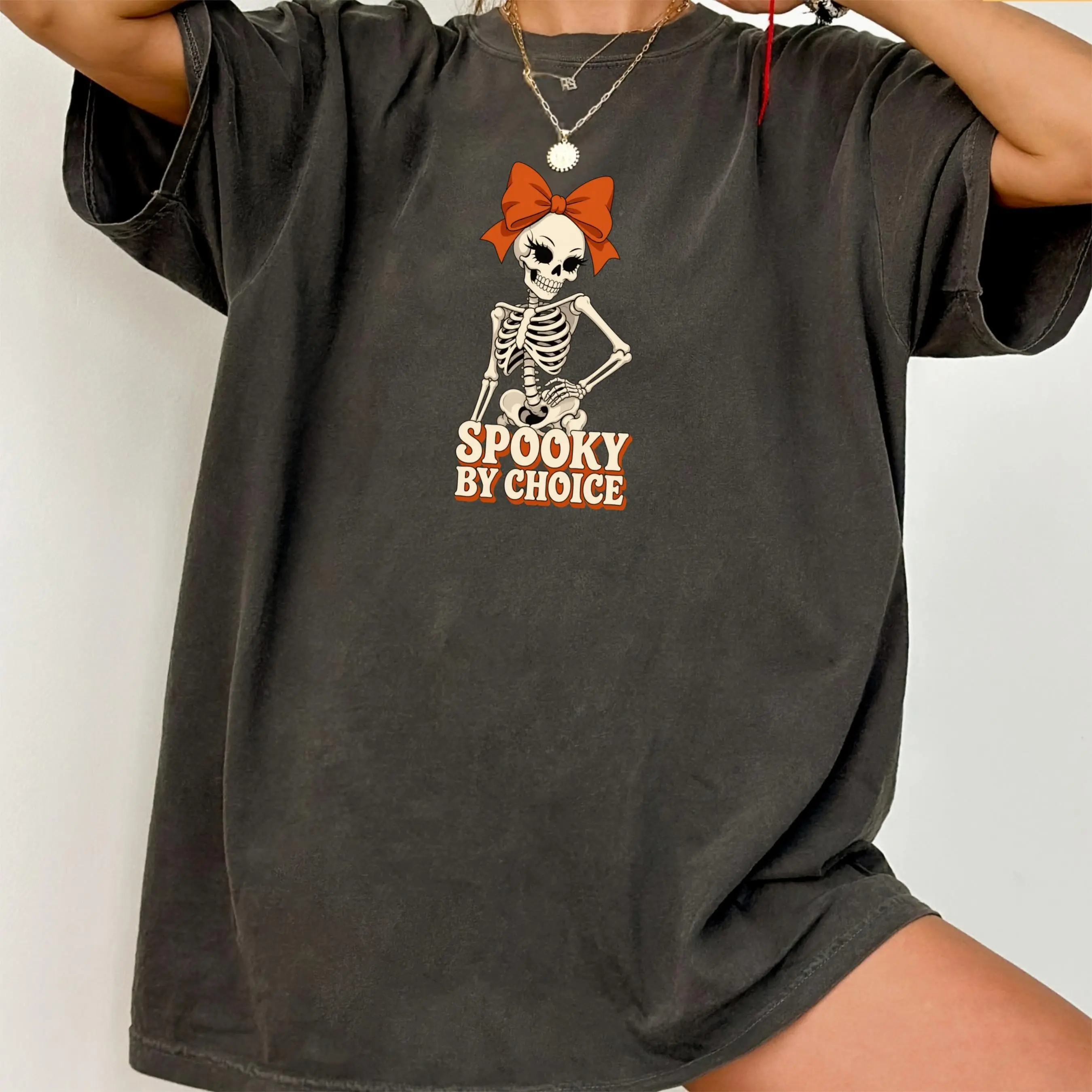 Spooky By Choice Skeleton Shirt, Comfort Colors Vampire Bow Halloween Retro Season Tee - photo 5