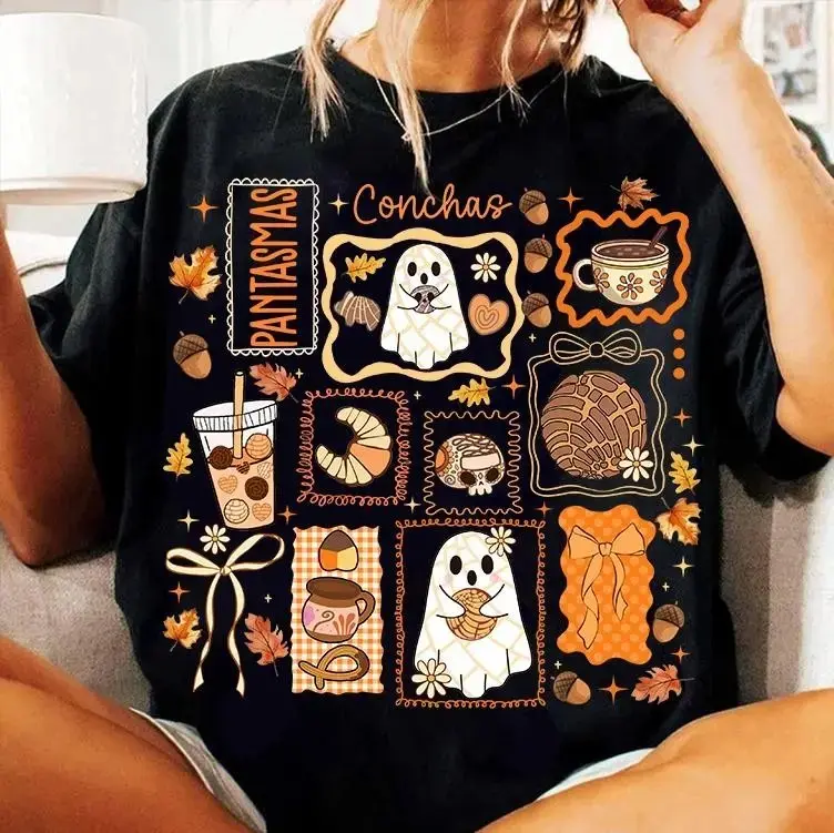 Spooky Conchas Halloween Shirt for Women, Pantasmas Mexican Ghost Graphic Tee, Spanish Latina Top