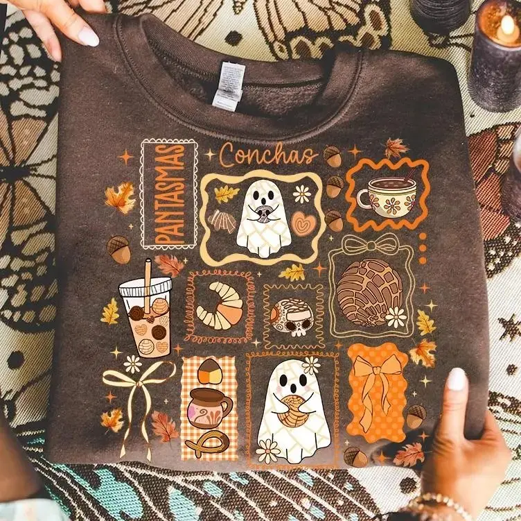 Spooky Conchas Halloween Shirt for Women, Pantasmas Mexican Ghost Graphic Tee, Spanish Latina Top - photo 3