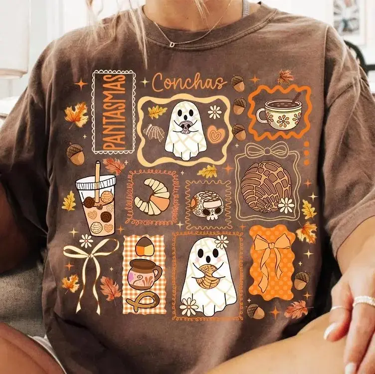 Spooky Conchas Halloween Shirt for Women, Pantasmas Mexican Ghost Graphic Tee, Spanish Latina Top - photo 4