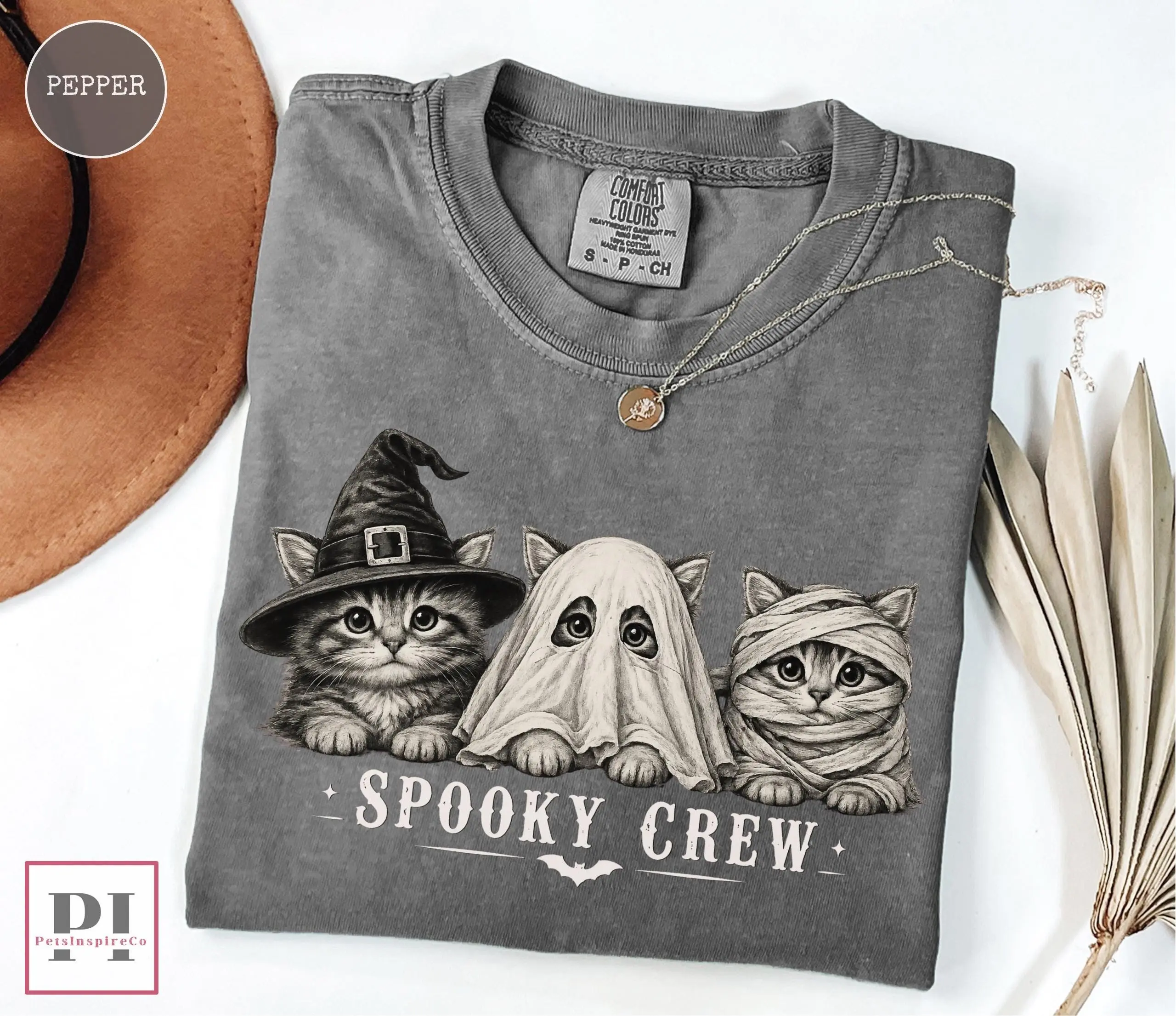 Spooky Crew Comfort Colors Shirt, Vintage Halloween Cat Tee, Cute Ghost Kitty Black Fall Lover Gift
