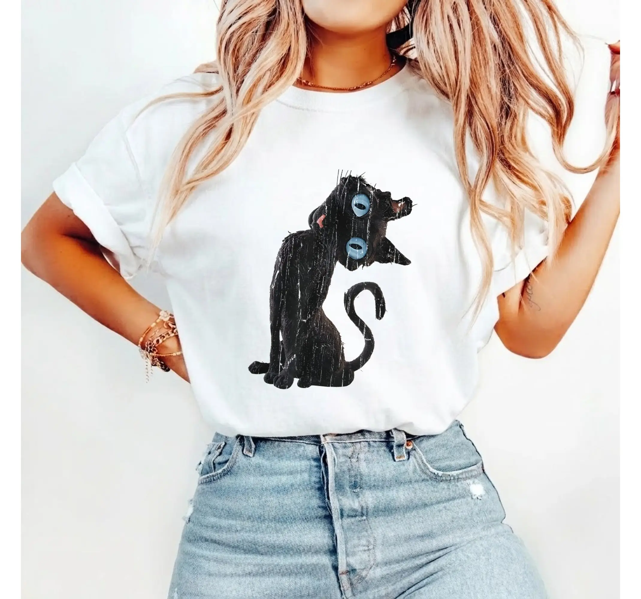 Spooky Cute Cat Meme Graphic Tee, Creepy Button Eye Kitty Halloween Shirt