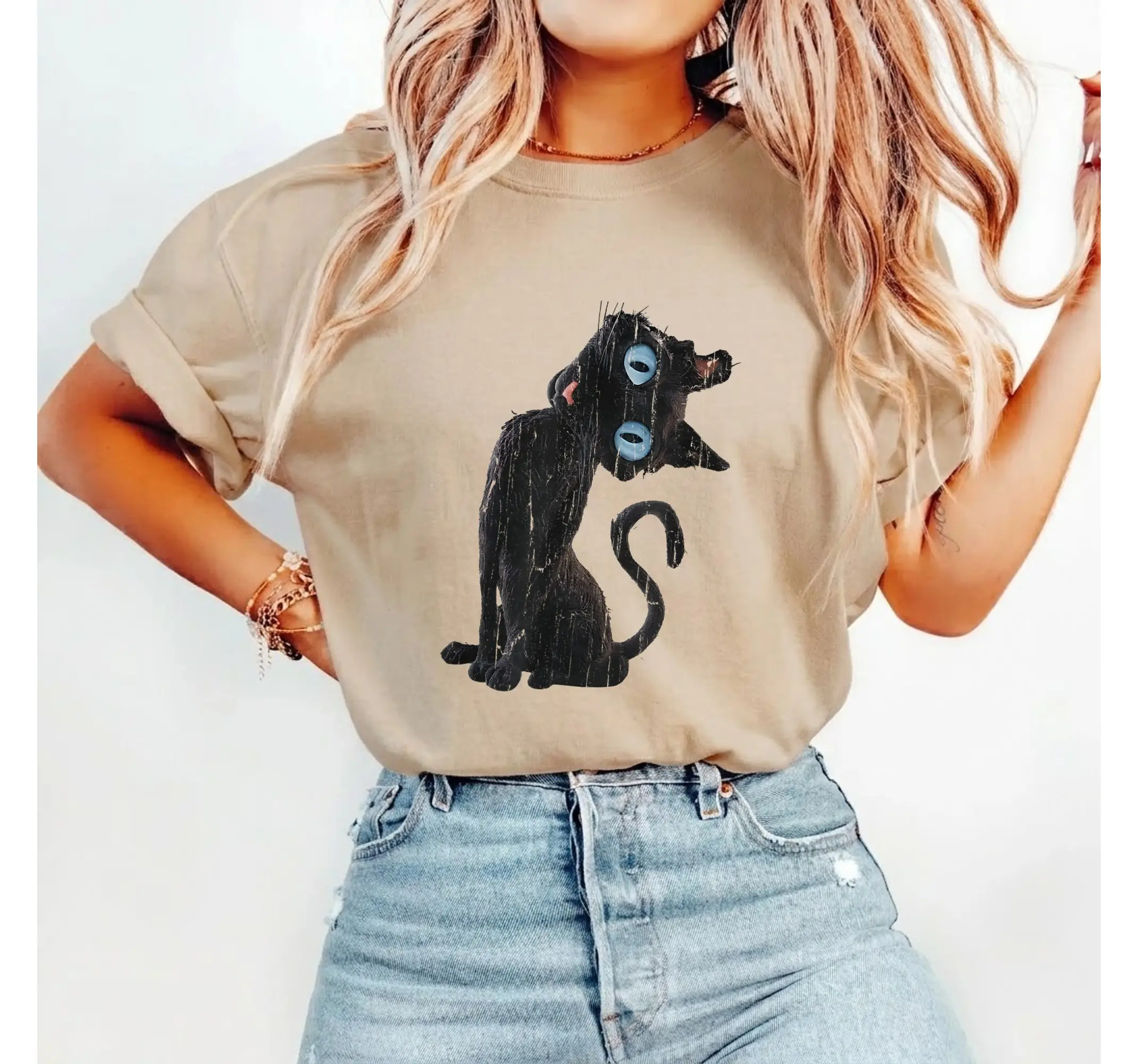 Spooky Cute Cat Meme Graphic Tee, Creepy Button Eye Kitty Halloween Shirt - photo 2