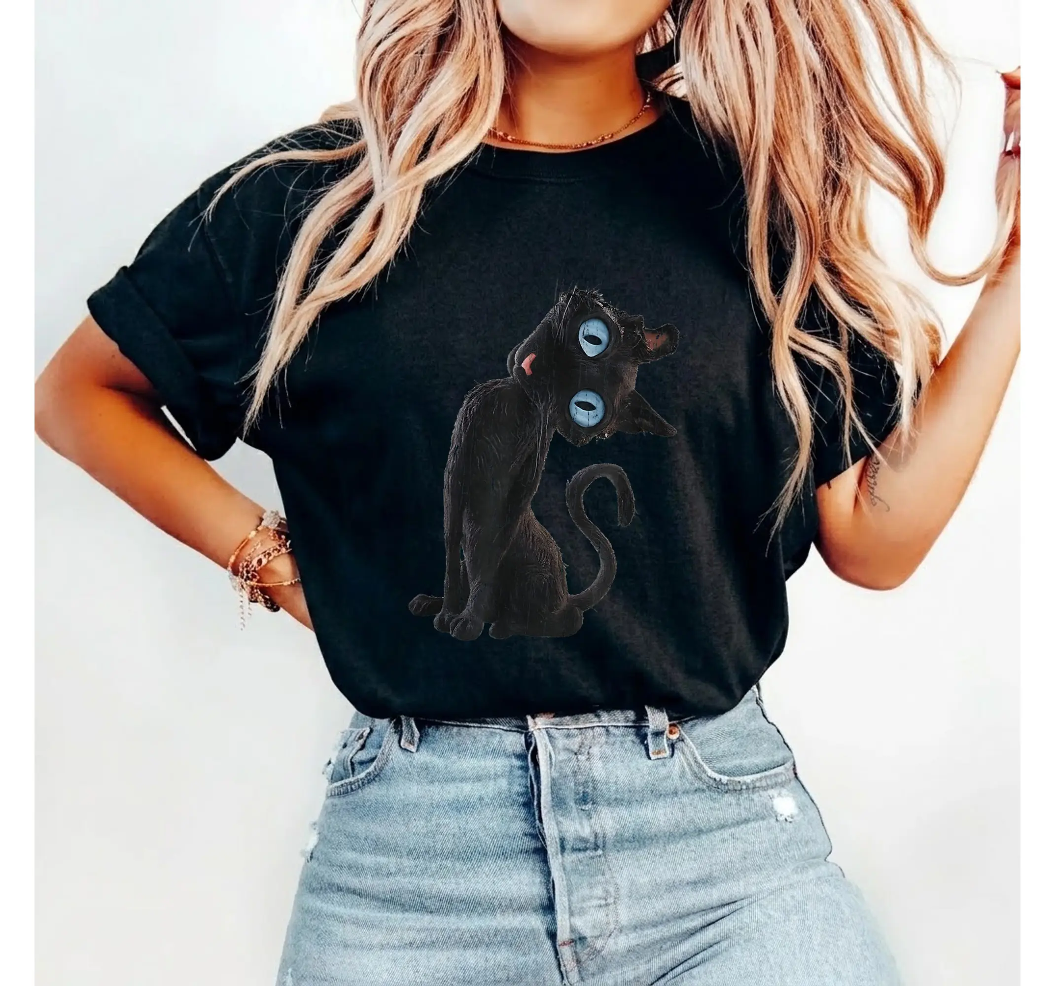 Spooky Cute Cat Meme Graphic Tee, Creepy Button Eye Kitty Halloween Shirt - photo 3