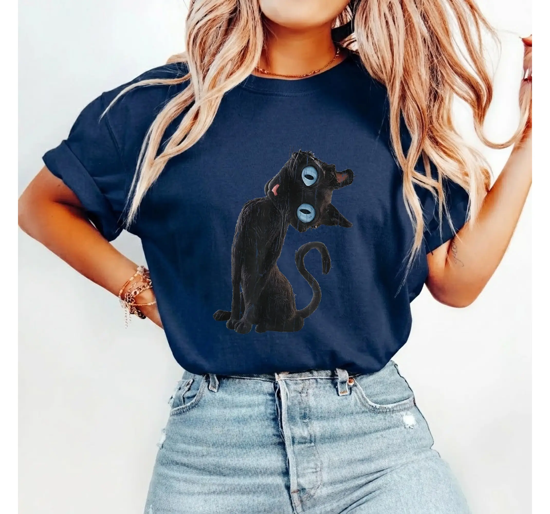 Spooky Cute Cat Meme Graphic Tee, Creepy Button Eye Kitty Halloween Shirt - photo 4