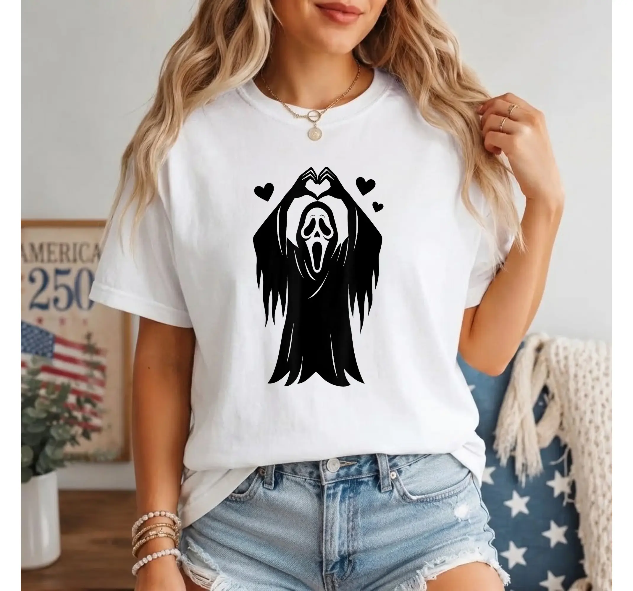 Spooky Cute Ghost Heart Hands Shirt, Aesthetic Halloween Horror Graphic Tee - photo 2