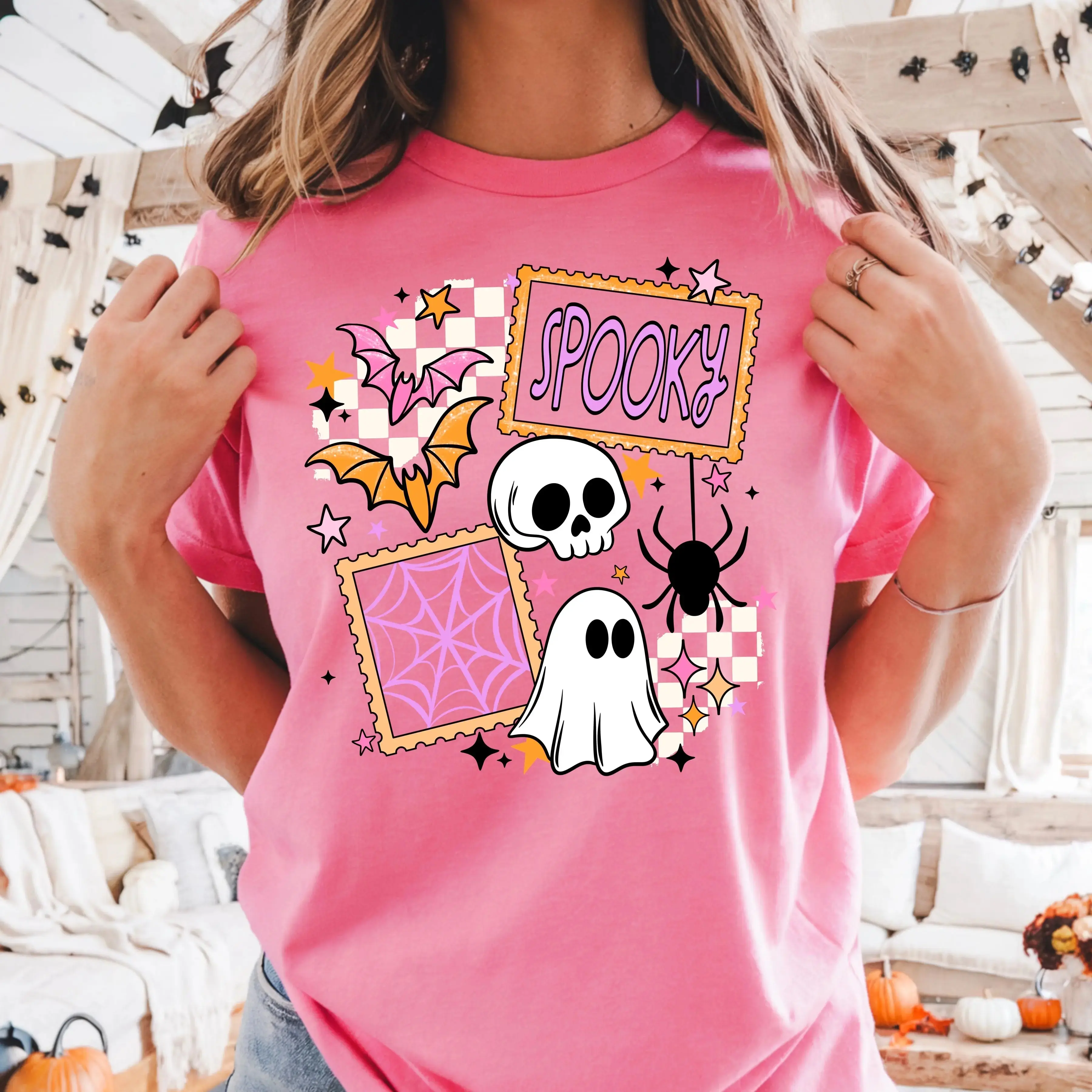Pink Ghost Skull Halloween T-Shirt, Cute Pastel Coquette Spooky Season Trendy Fall Tee for Women