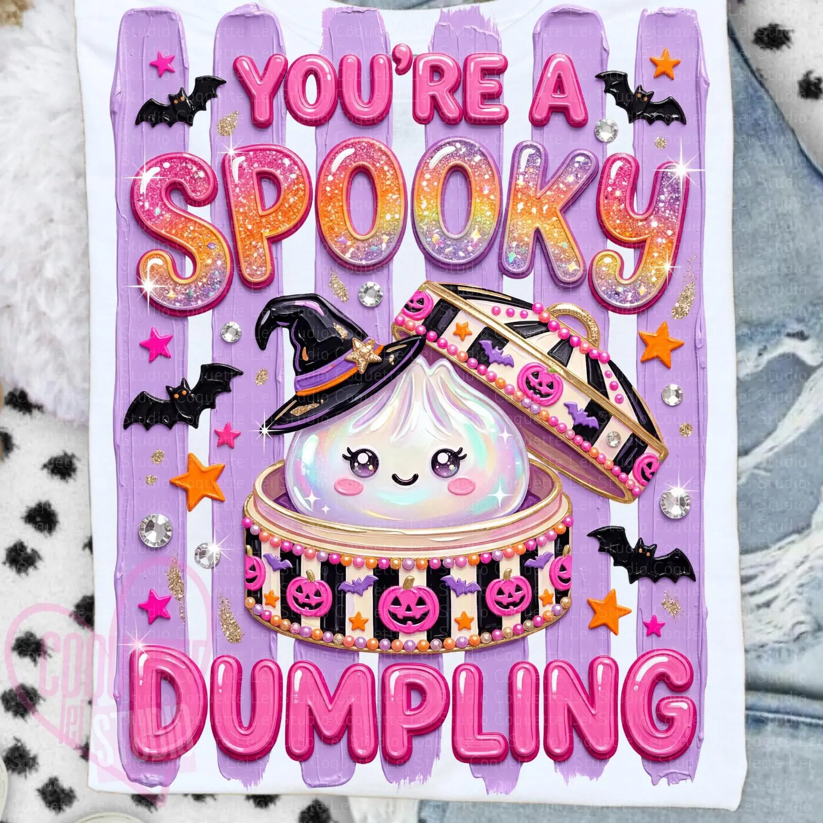 Spooky Dumpling Glitter Halloween T-Shirt, Kawaii Witch Graphic Tee, Cute Top for Women Girls and Kids