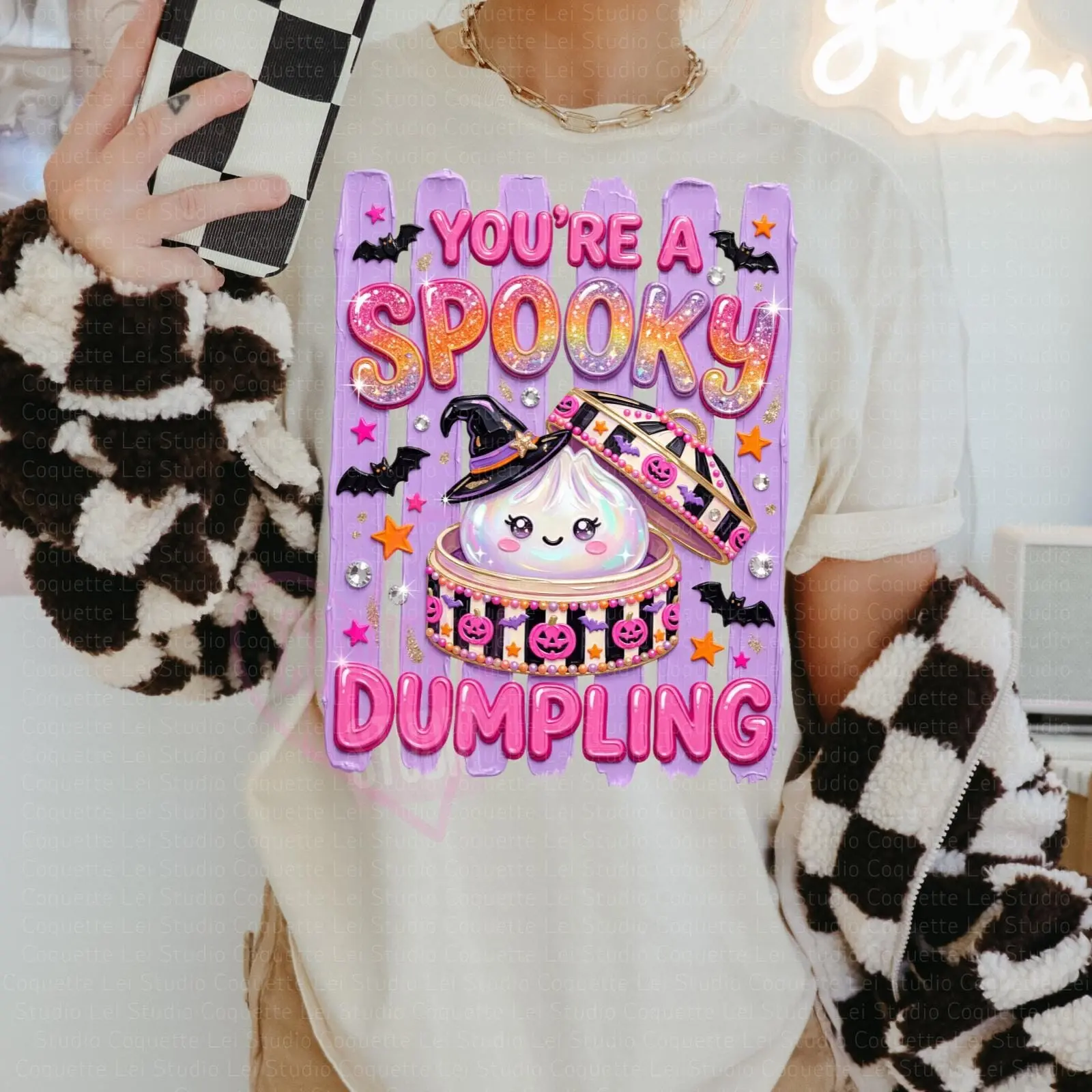 Spooky Dumpling Glitter Halloween T-Shirt, Kawaii Witch Graphic Tee, Cute Top for Women Girls and Kids - photo 2