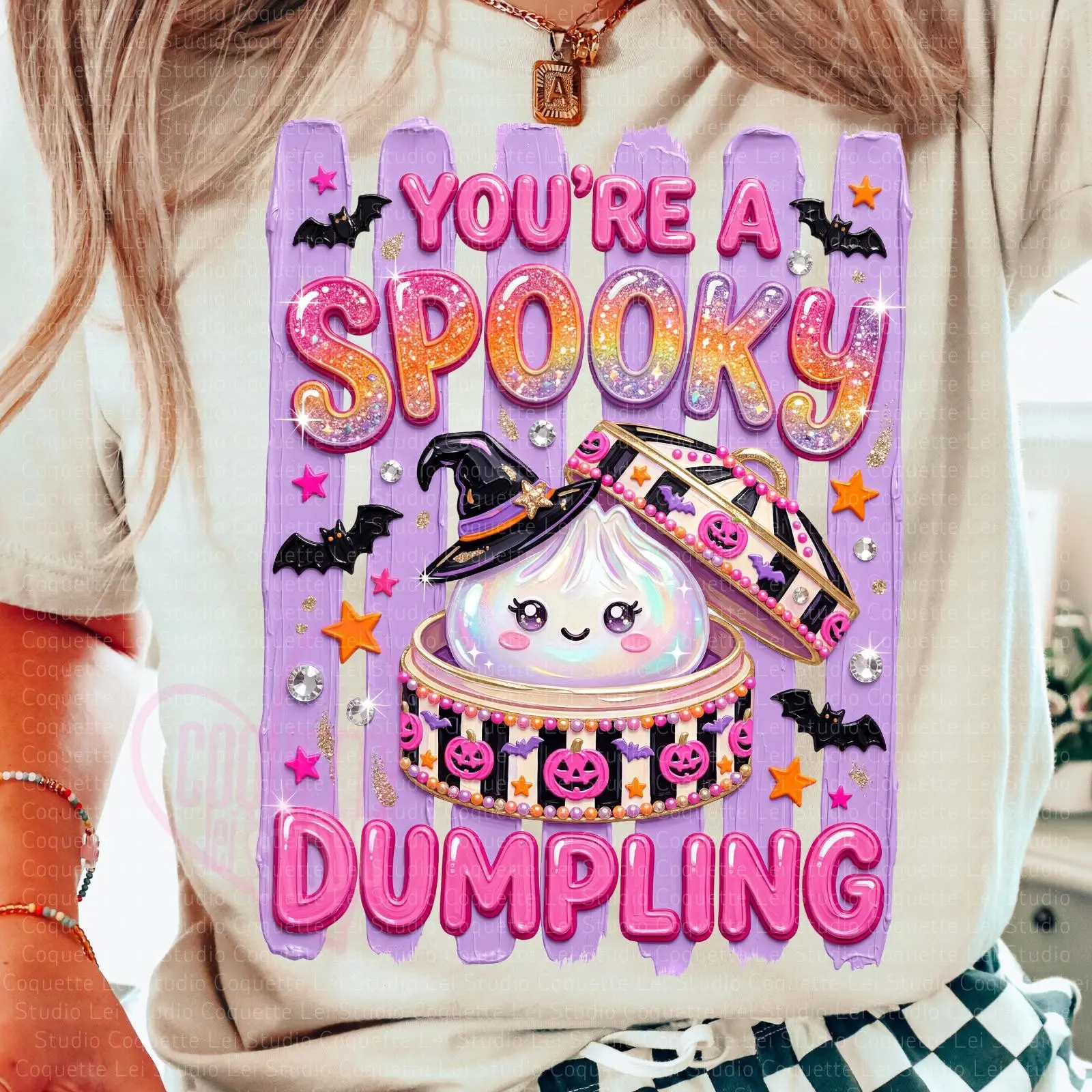 Spooky Dumpling Glitter Halloween T-Shirt, Kawaii Witch Graphic Tee, Cute Top for Women Girls and Kids - photo 3