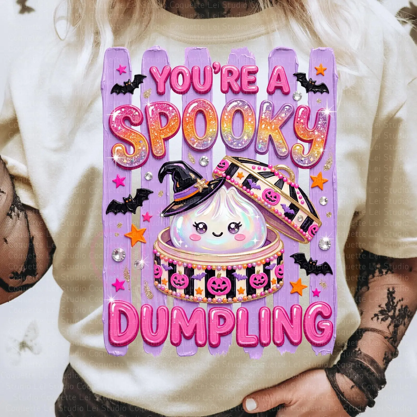 Spooky Dumpling Glitter Halloween T-Shirt, Kawaii Witch Graphic Tee, Cute Top for Women Girls and Kids - photo 4