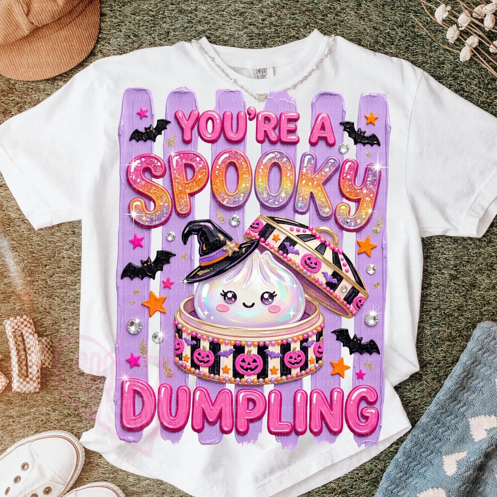 Spooky Dumpling Glitter Halloween T-Shirt, Kawaii Witch Graphic Tee, Cute Top for Women Girls and Kids - photo 5