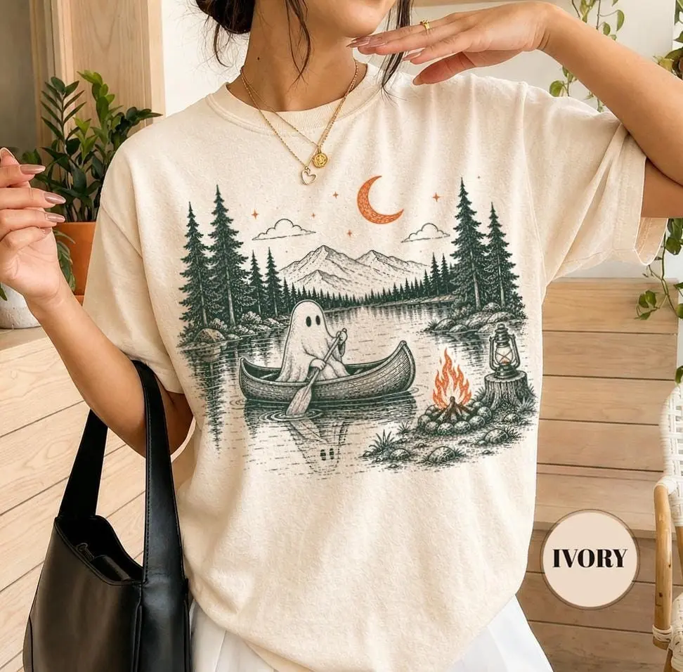 Comfort Colors Spooky Ghost Canoe Camping Shirt, Cute Cottagecore Camper Retro Lake Mountain Halloween Gift - photo 2