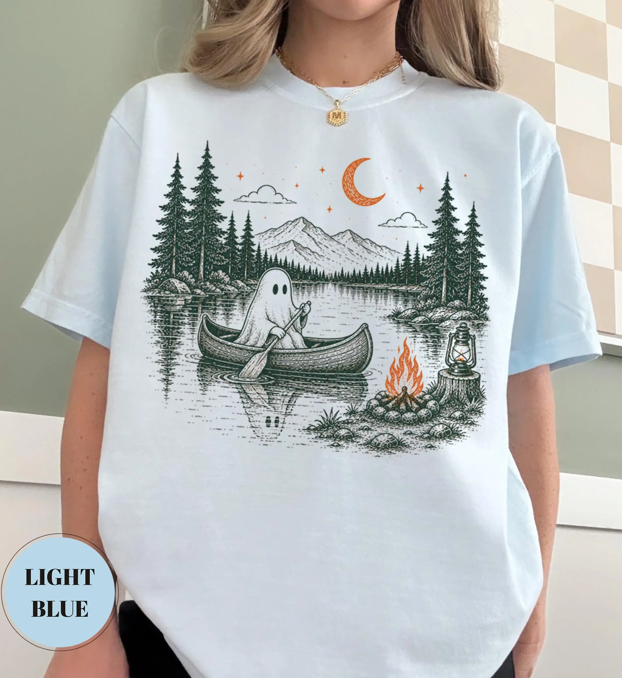 Comfort Colors Spooky Ghost Canoe Camping Shirt, Cute Cottagecore Camper Retro Lake Mountain Halloween Gift - photo 3