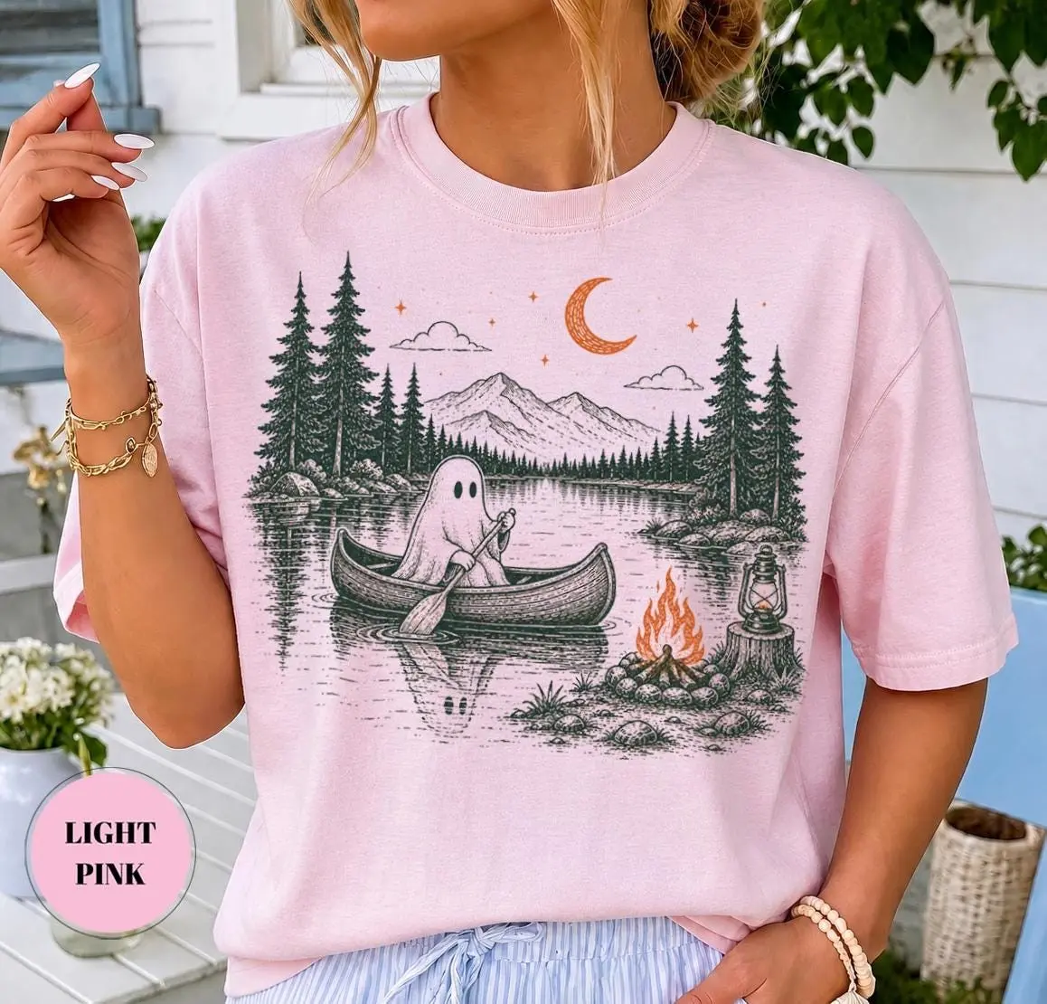 Comfort Colors Spooky Ghost Canoe Camping Shirt, Cute Cottagecore Camper Retro Lake Mountain Halloween Gift - photo 4