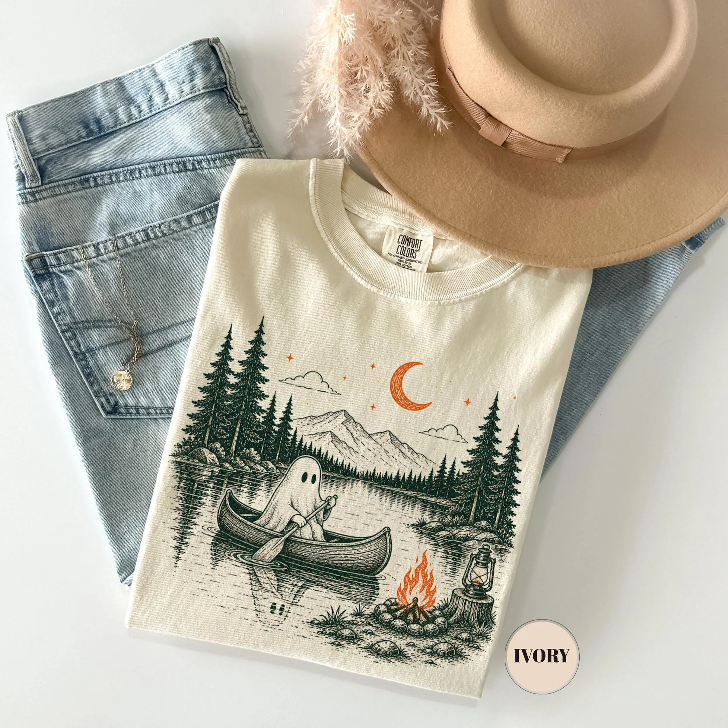Comfort Colors Spooky Ghost Canoe Camping Sweatshirt, Cute Cottagecore Camper Retro Lake Mountain Halloween Gift