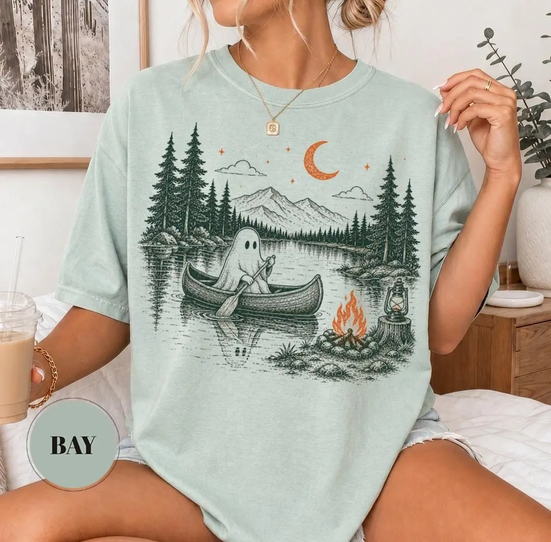 Comfort Colors Spooky Ghost Canoe Camping Sweatshirt, Cute Cottagecore Camper Retro Lake Mountain Halloween Gift - photo 5