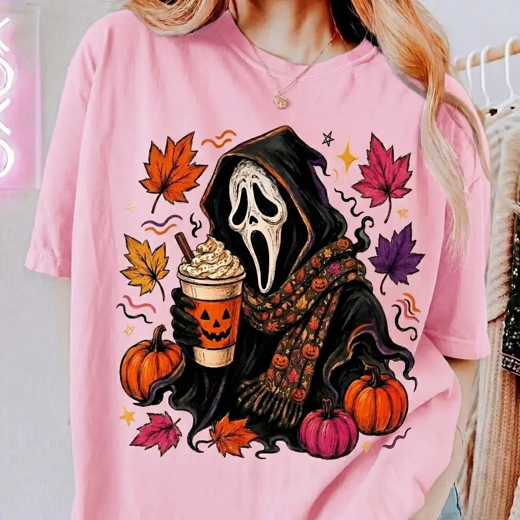 Spooky Ghost Halloween Comfort Colors Shirt, Pumpkin Spice Drink Graphic Tee, Fall Leaves Horror Mask Womens Cute Outfit