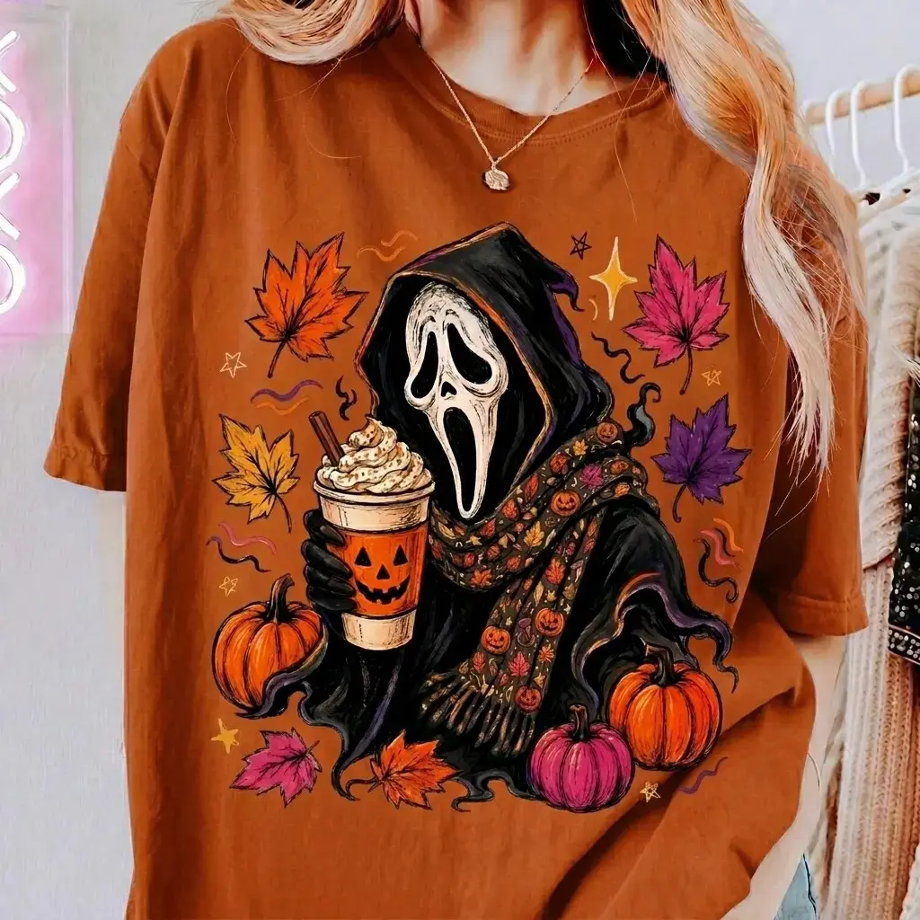 Spooky Ghost Halloween Comfort Colors Shirt, Pumpkin Spice Drink Graphic Tee, Fall Leaves Horror Mask Womens Cute Outfit - photo 2