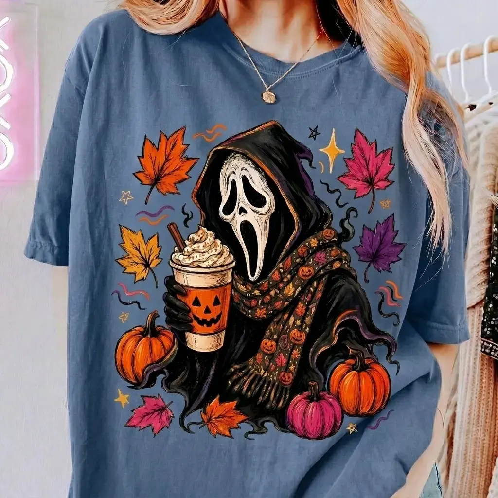 Spooky Ghost Halloween Comfort Colors Shirt, Pumpkin Spice Drink Graphic Tee, Fall Leaves Horror Mask Womens Cute Outfit - photo 3