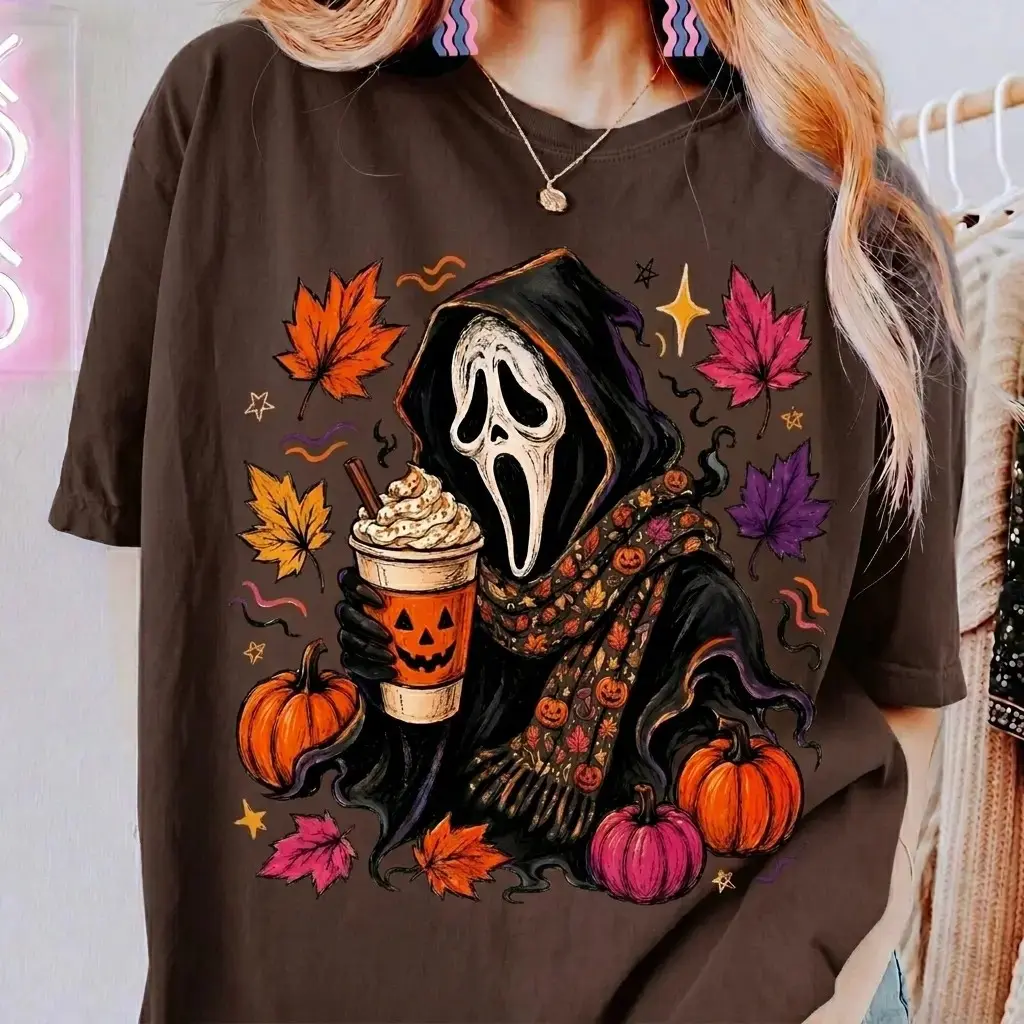 Spooky Ghost Halloween Comfort Colors Shirt, Pumpkin Spice Drink Graphic Tee, Fall Leaves Horror Mask Womens Cute Outfit - photo 4