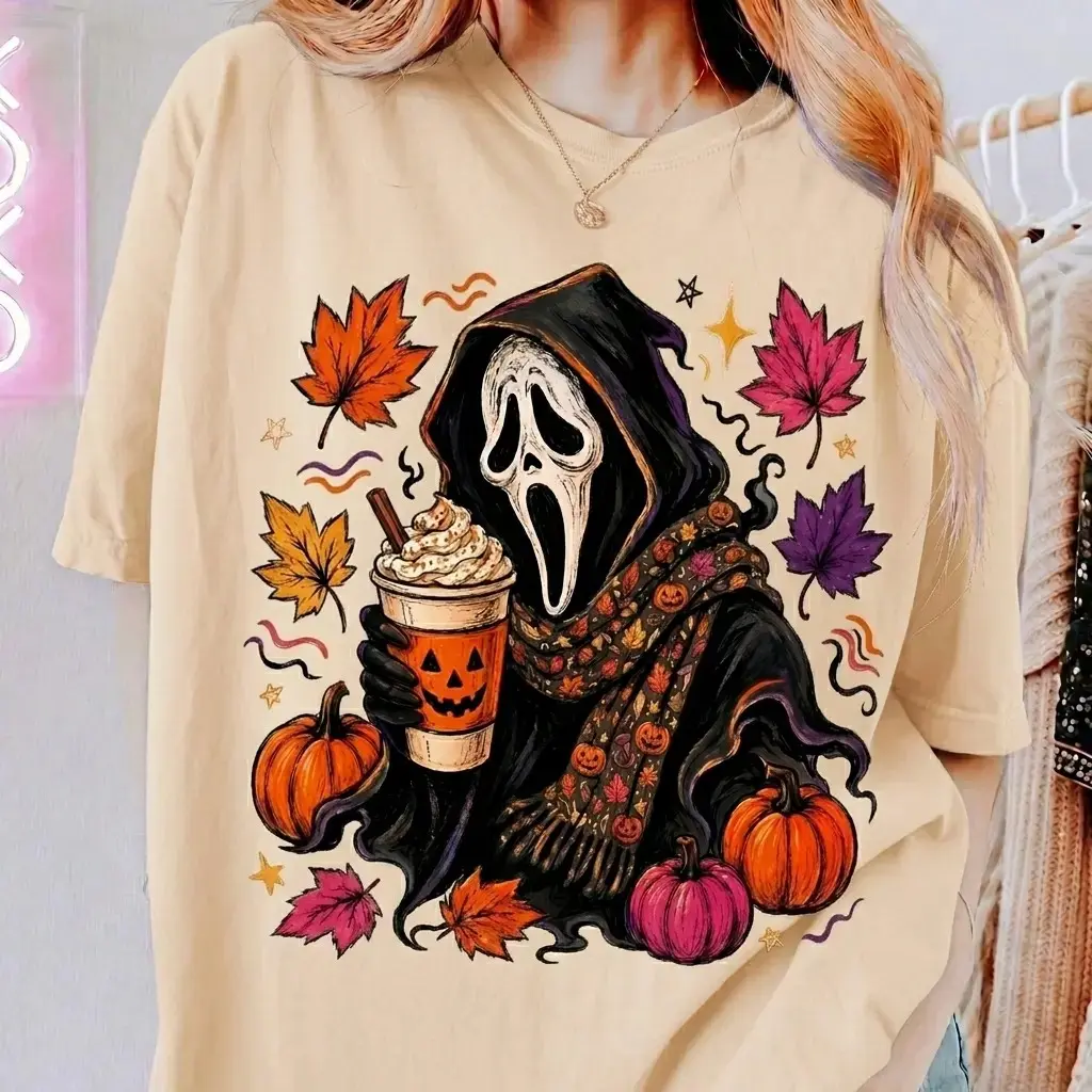 Spooky Ghost Halloween Comfort Colors Shirt, Pumpkin Spice Drink Graphic Tee, Fall Leaves Horror Mask Womens Cute Outfit - photo 5