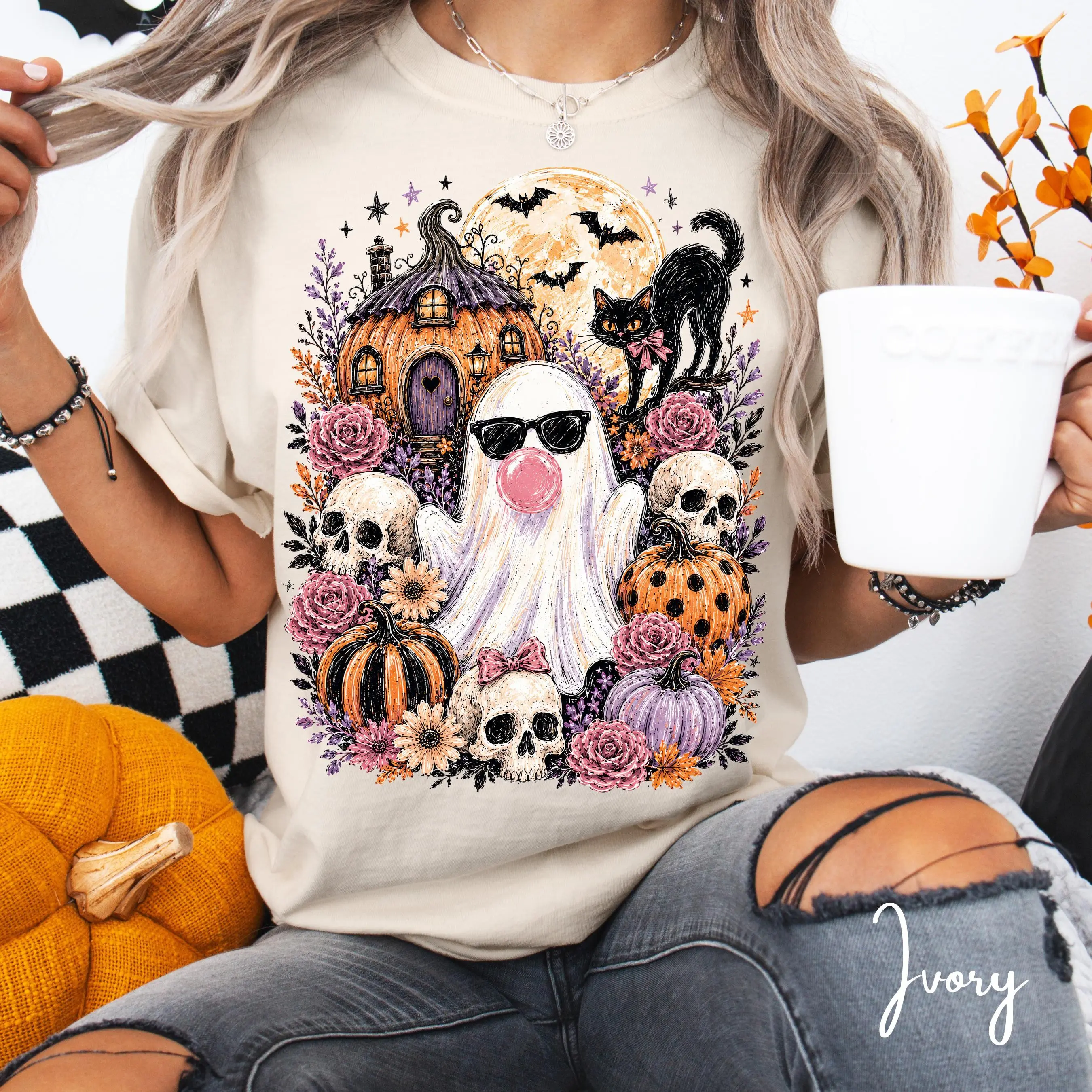 Comfort Colors 1717 Spooky Ghost Halloween Shirt, Cute Bubblegum Vintage Graphic Fall Tee for Women - photo 2